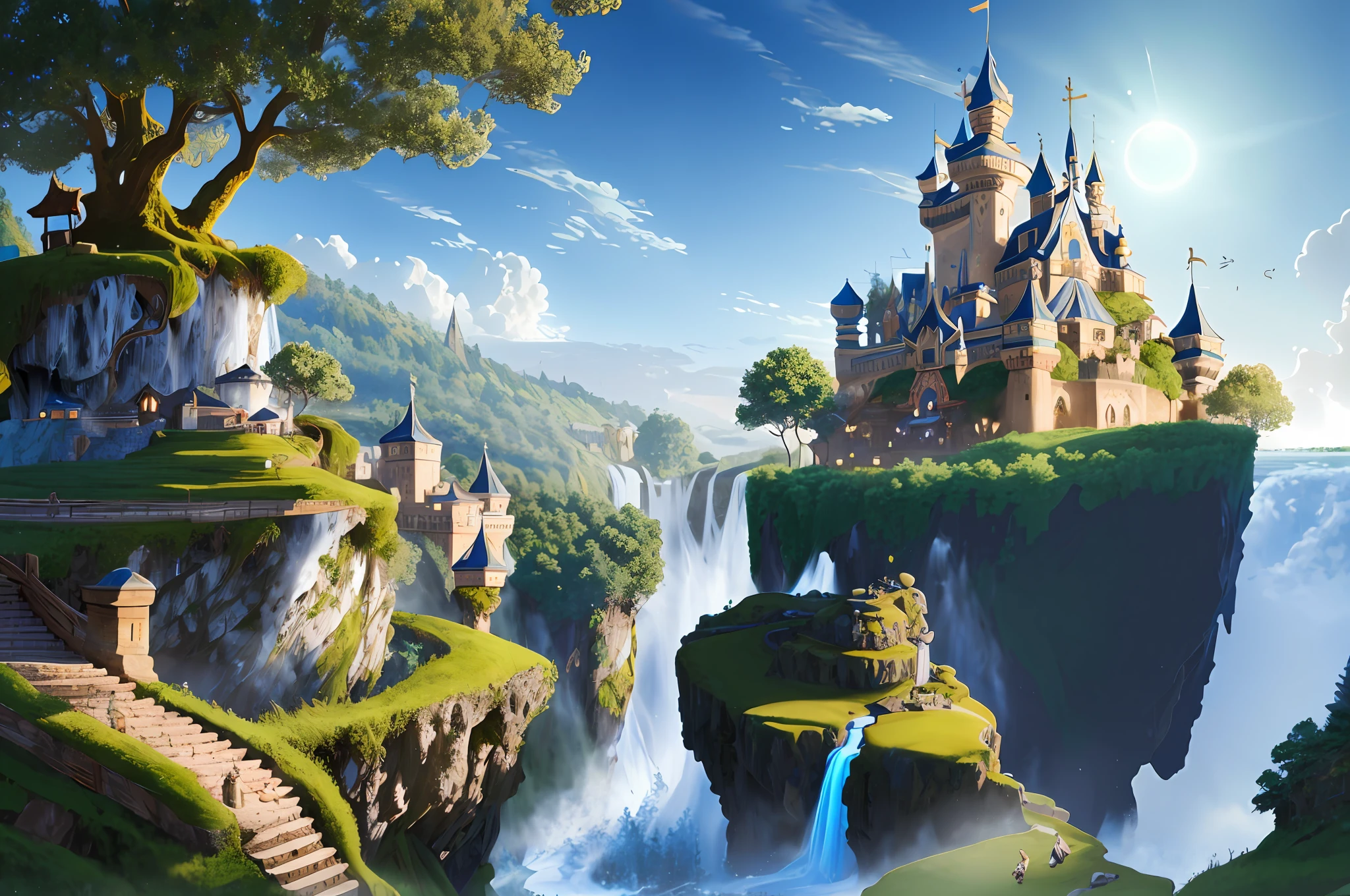 (fairy tale world), castles, floating island waterfalls, all kinds of magical creatures. Beautiful fairies, brave knights, kind elves, cute dwarfs. Mysterious forests, enchanted castles, fabulous kingdoms. Realism, chiaroscuro, cinematic lighting, 135mm, panorama, best quality, high details, UHD, masterpiece