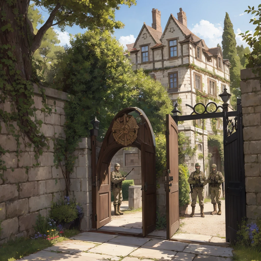 Soldiers guarded the gate of the manor manor