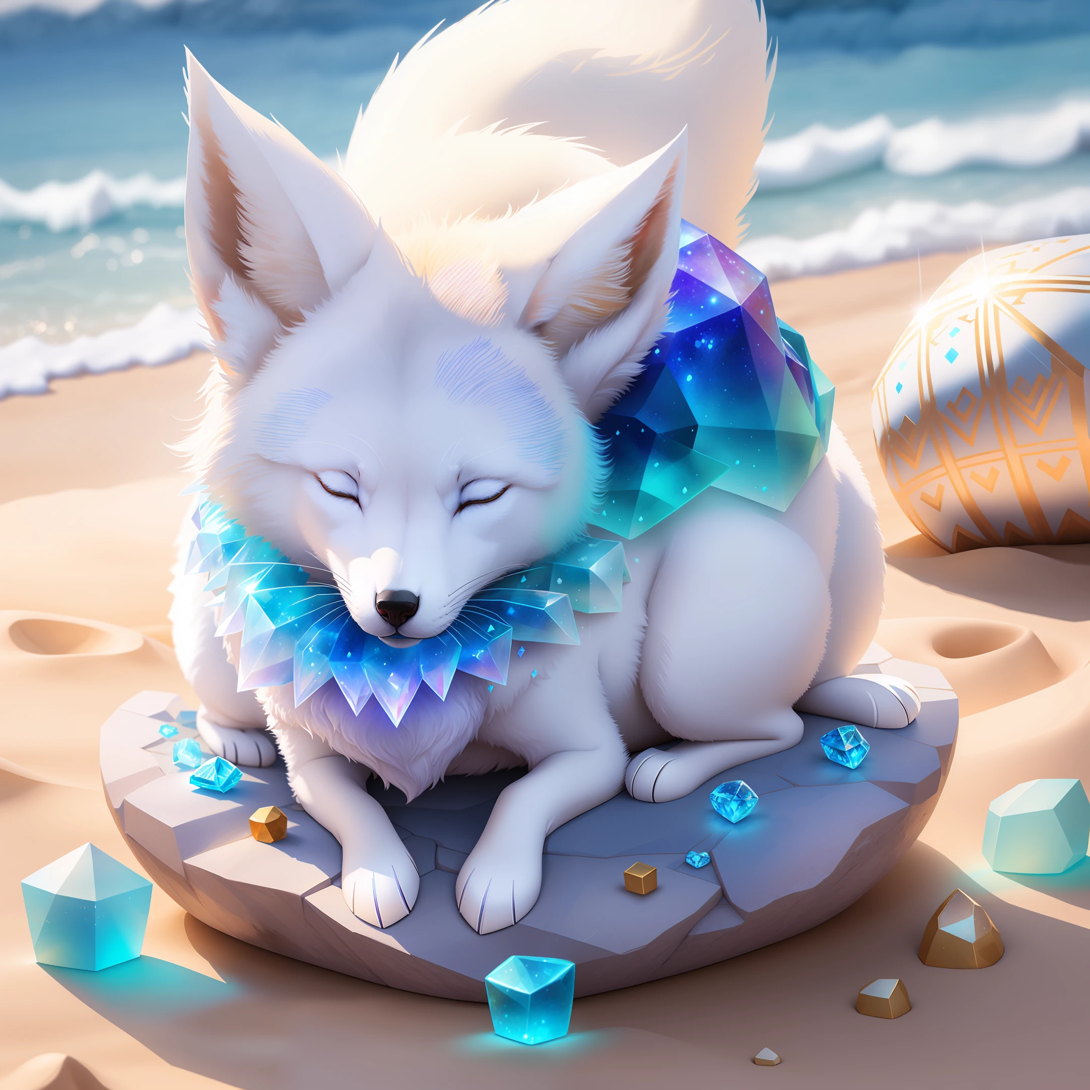 A white fox made of crystals and stones sleeps on a muroveynik around sand and sparks, all in white and blue colors. Realistic style, cute style. Detail the picture.