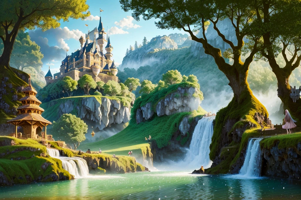 (fairy tale world), castles, floating island waterfalls, all kinds of magical creatures. Beautiful fairies, knights, elves, dwarfs. Mysterious forests, enchanted castles, fabulous kingdoms. Realism, chiaroscuro, cinematic lighting, 135mm, panorama, best quality, high details, UHD, masterpiece