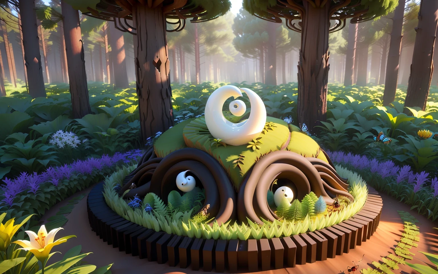 3d yin yang anthill, Ants, insects, lilies, ferns, forest