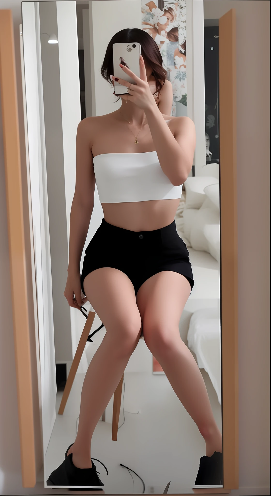 there is a woman taking a picture of herself in a mirror, 2 4 year old female model, photo of slim girl, wearing a sexy cropped top, photo of slim girl model, half body cropping, 1 8 yo, fit dainty figure, dressed in a top and shorts, full body picture, good hips and long legs