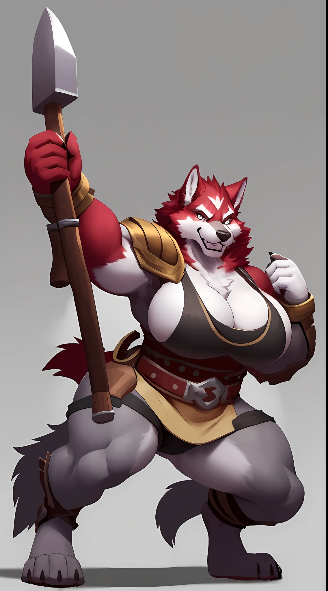 (Wolf), (red fur), antro, (wearing fur tunic), two toned fur, (wearing cotton pants), high detail, , white belly, high resolution, raw photo, gray background, cleavage, 1girl, solo, big breasts, high quality, hi res, sharp, detailed body, detailed, cartoony, ((holding big hammer)), ((looking at viewer)), (angry), mad, thick, thick thighs, wide hips, overweight,  chubby, fat, buff, full body, whole body, ((full body portrait)), far away, (((full body concept))), weapon pose, hammer pose, attack pose, battle pose