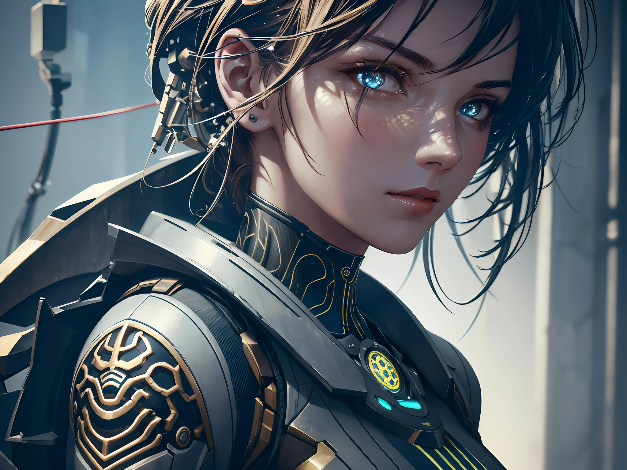 1mechanical girl,((ultra realistic details)), portrait, detailed face,global illumination, shadows, octane render, 8k, ultra sharp,metal,intricate, ornaments detailed, cold colors, egypician detail, highly intricate details, realistic light, trending on cgsociety, glowing eyes, facing camera, neon details, machanical limbs,mechanical, mechanical cervial attaching to neck,wires and cables connecting to head,from side