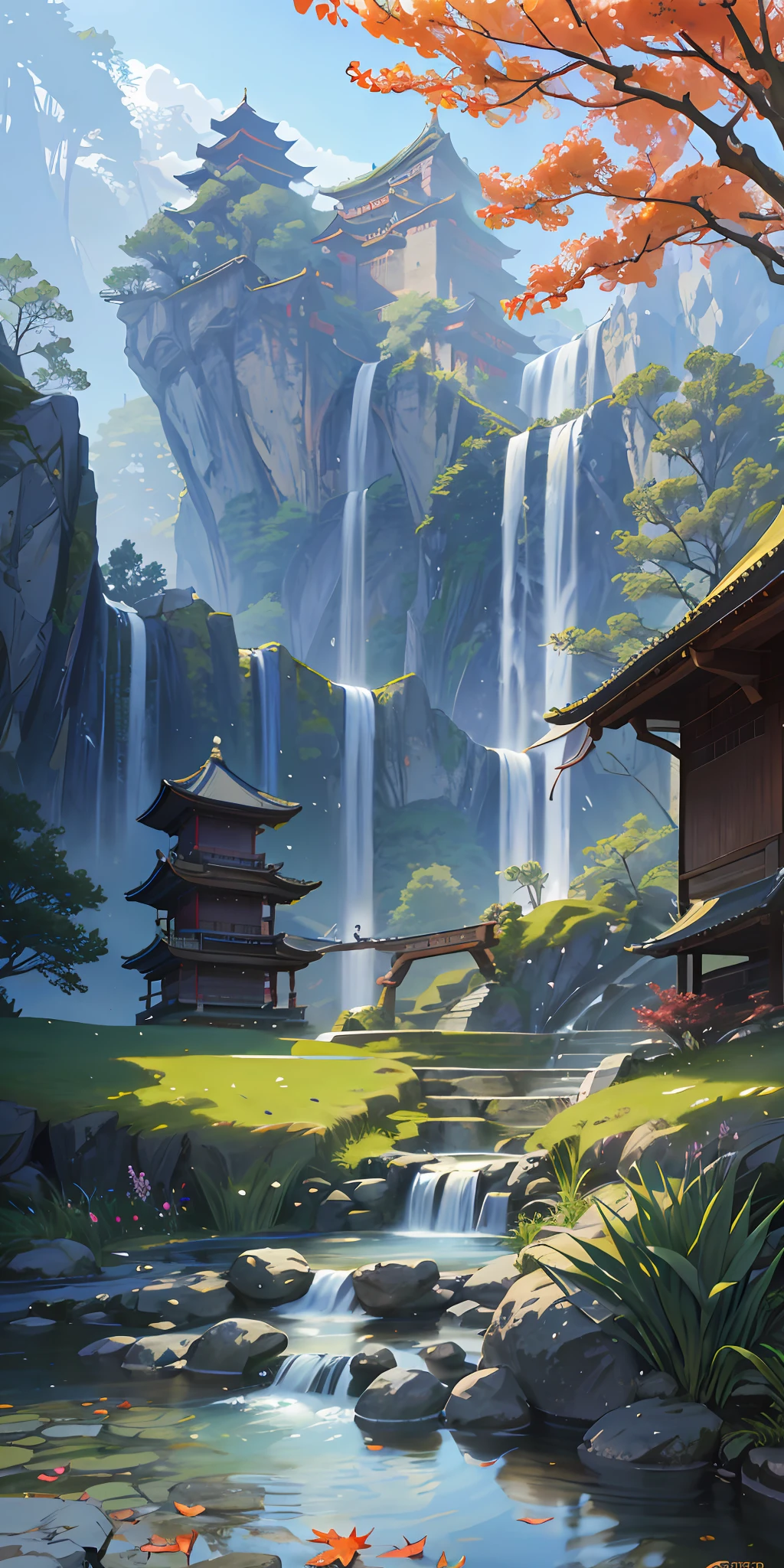Ancient Chinese architecture, autumn, bamboo, lake, stone bridge, rockery, arch, corner, tree, tap water, landscape, waterfall, meadow, rock, water lily, hot springs, water vapor, (illustration: 1.0), epic composition, realistic lighting, high-definition detail, masterpiece, best quality, (very detailed CG unified 8k wallpaper)
