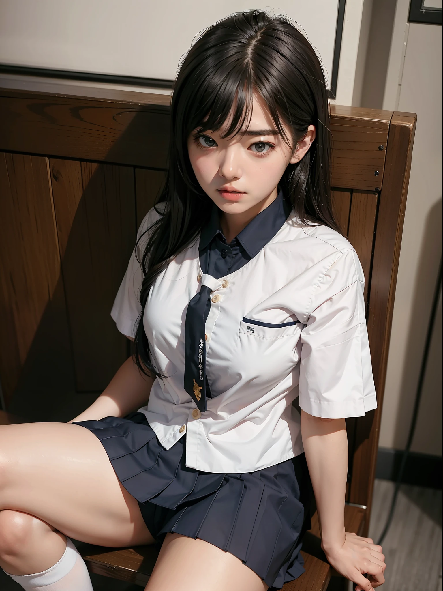 there is a woman sitting on a chair in a school uniform, a picture by Kim Myeong-guk, trending on cg society, shin hanga, japanese girl school uniform, wearing school uniform, wearing japanese school uniform, cute schoolgirl, korean girl, japanese school uniform, wearing a school uniform, school girl, a hyperrealistic schoolgirl, realistic schoolgirl