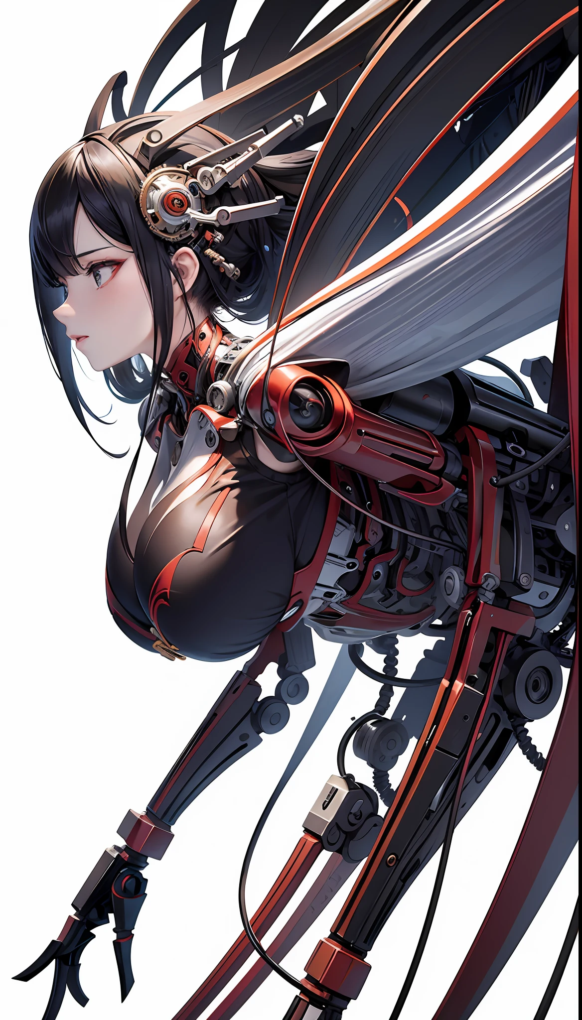 (Masterpiece, Top Quality, Best Quality, Official Art, Beautiful Indulgence: 1.2), (1 Girl: 1.3), Very Detailed, Colorful, Supreme Detail ((Ultra Detailed)), (Highly Detailed CG Illustration), (Very Delicate and Beautiful)), (From the Side), Cinematic Light, (1 Machine Girl)), Solo, Full Body, (Mechanical Joints: 1.2), ((Mechanical limbs)), (Blood vessels connected to tubes), ( Mechanical vertebrae attached to the back), ((mechanical cervical vertebrae attached to the neck)), expressionless, (wires and cables attached to the neck: 1.2), (head wires and cables: 1.2) (character focus), (lower body integrated with mechanical devices), science fiction, white background, (blood: 1.5), cruelty, absurdity, erotic rotesque, fusion with machines, Fully mechanized lower body
