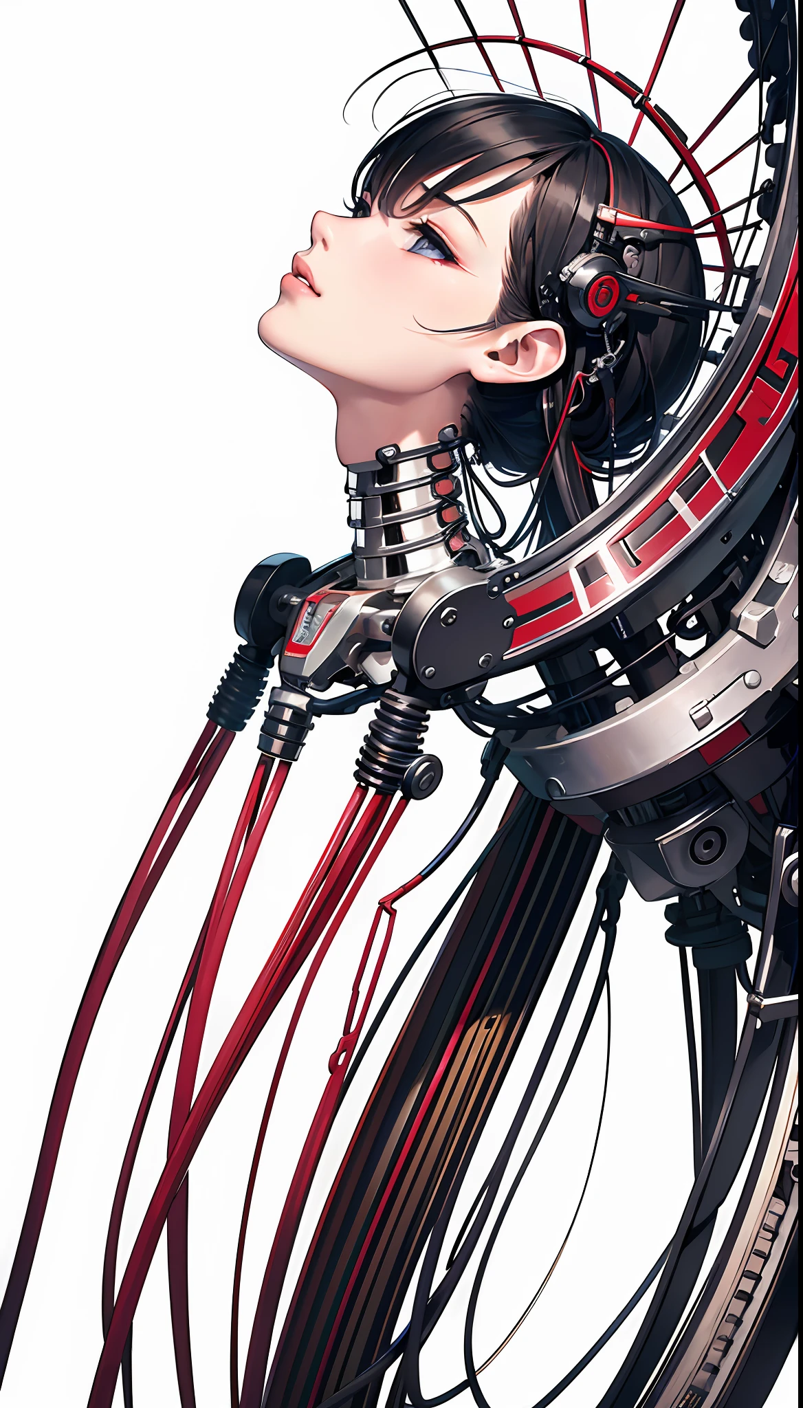 (Masterpiece, Top Quality, Best Quality, Official Art, Beautiful Indulgence: 1.2), (1 Girl: 1.3), Very Detailed, Colorful, Supreme Detail ((Ultra Detailed)), (Highly Detailed CG Illustration), (Very Delicate and Beautiful)), (From the Side), Cinematic Light, (1 Machine Girl)), Solo, Full Body, (Mechanical Joints: 1.2), ((Mechanical limbs)), (Blood vessels connected to tubes), ( Mechanical vertebrae attached to the back), ((mechanical cervical vertebrae attached to the neck)), expressionless, (wires and cables attached to the neck: 1.2), (head wires and cables: 1.2) (character focus), (lower body integrated with mechanical devices), science fiction, white background, (blood: 1.5), cruelty, absurdity, ?????? rotesque, fusion with machines, Fully mechanized lower body