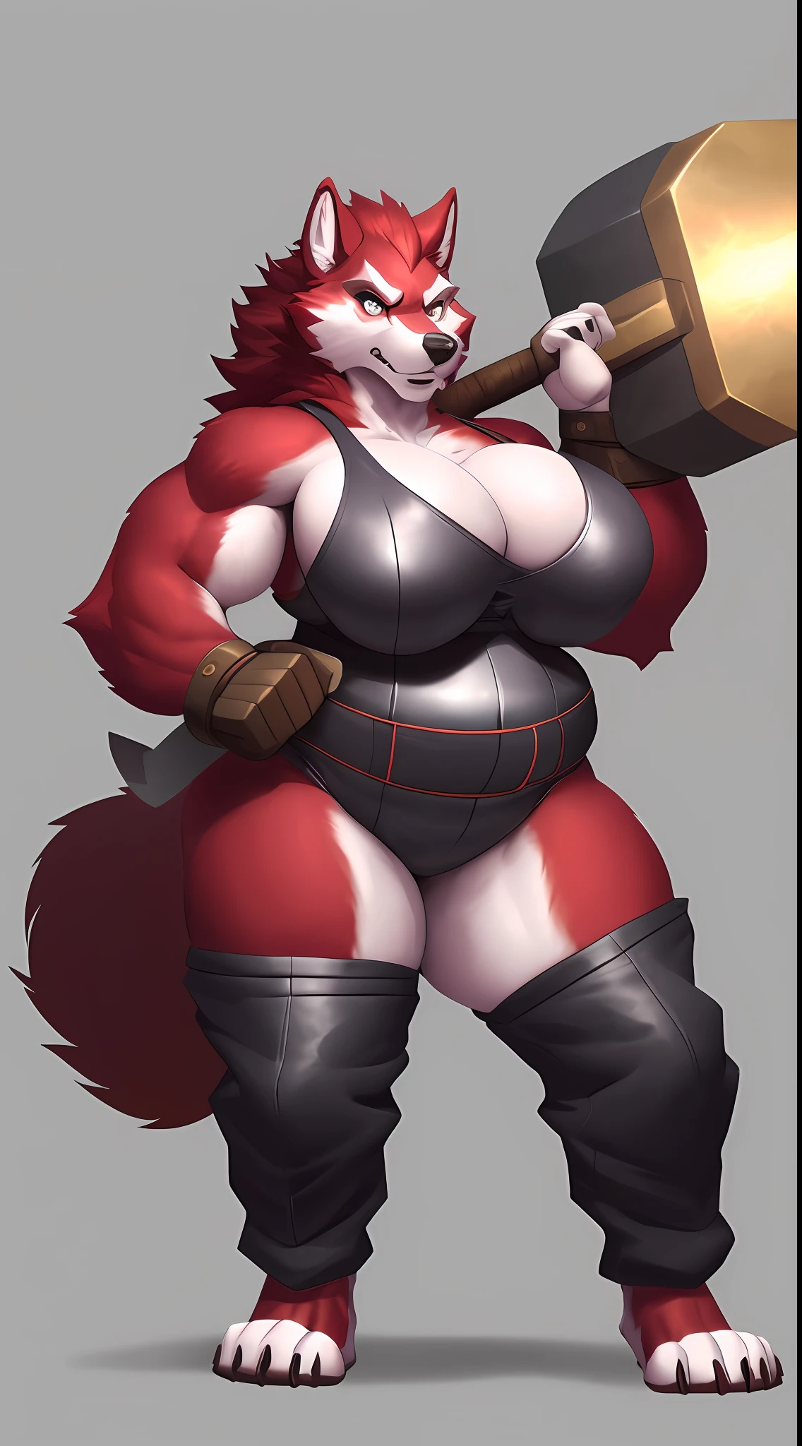 (Wolf), (red fur), antro, (wearing breast binding wrap), two toned fur, (wearing cotton pants), high detail, , white belly, high resolution, raw photo, gray background, cleavage, 1girl, solo, big breasts, high quality, hi res, sharp, detailed body, detailed, cartoony, ((holding big hammer)), ((looking at viewer)), (angry), mad, thick, thick thighs, wide hips, overweight, chubby, fat, buff, full body, whole body, ((full body portrait)), far away, (((full body concept))), weapon pose, hammer pose, attack pose, battle pose