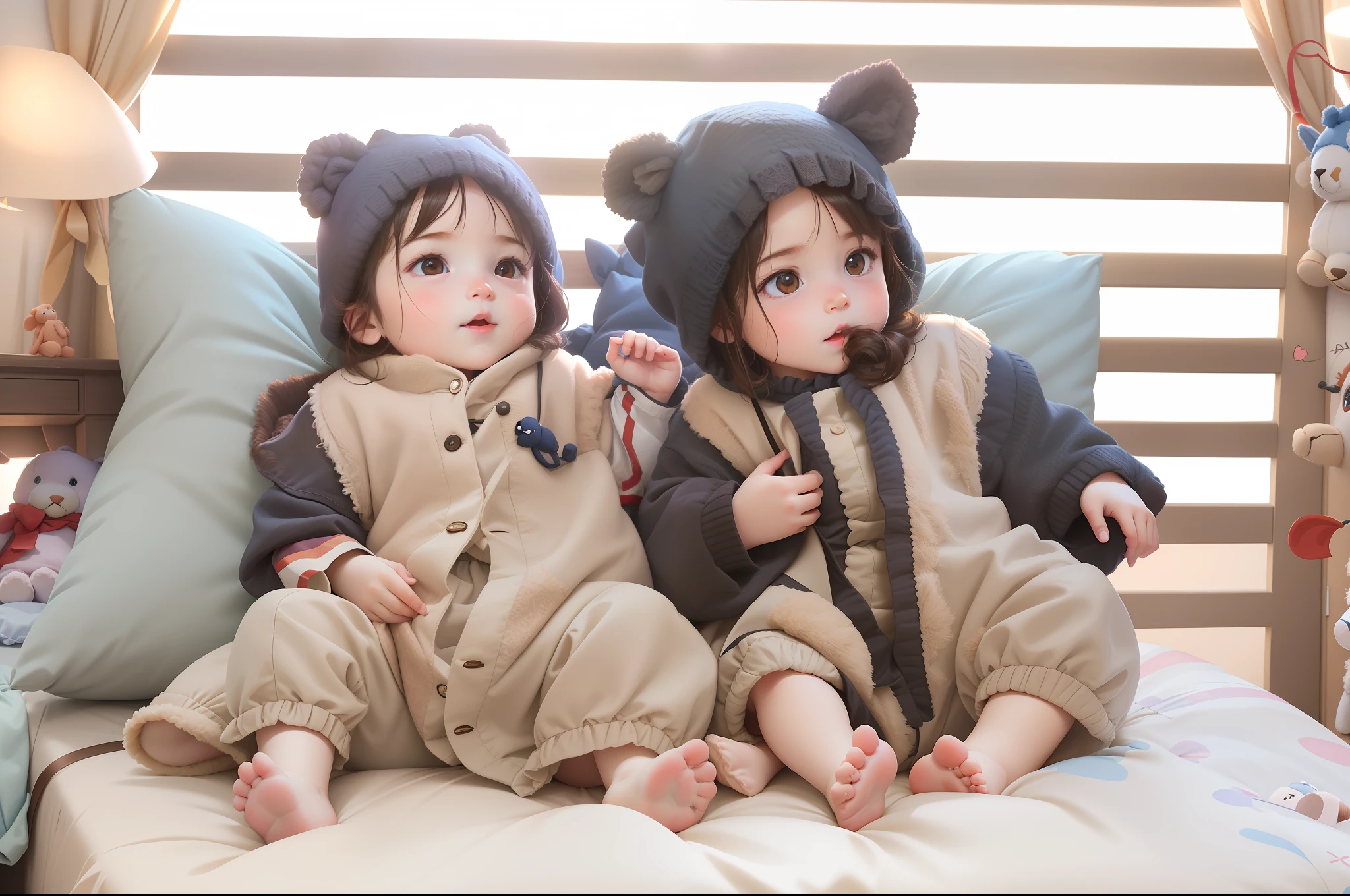 There are two babies sitting on the bed, stuffed animals, human babies, twins, twins, twins, portraits, anime, cinematic lighting, ray tracing, god rays, UHD, masterpiece, ccurate, best quality, 4K