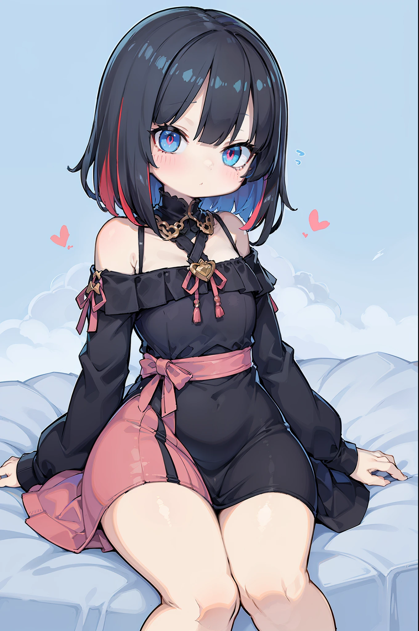 Best quality, masterpiece, black hair, blue eyes, 1 girl, solo, color gradient hair, (multicolored eyes: 1.2), close-fitting dress, black beauty, SFW, Bob cut Feet with love around appear
