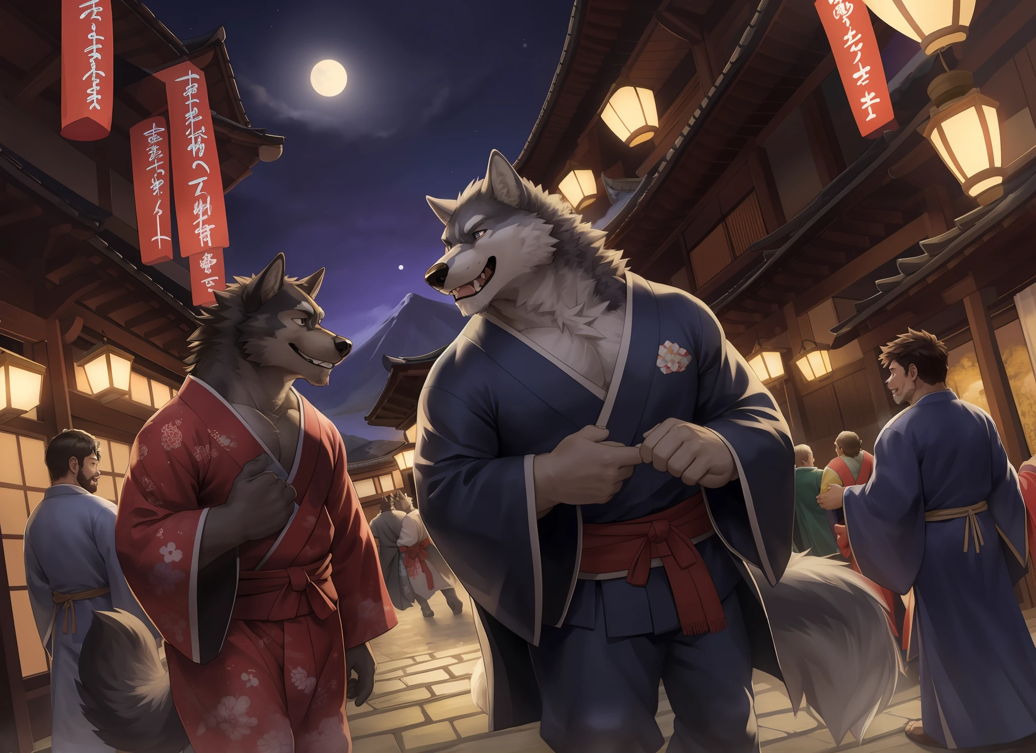 Masterpiece, best quality, detailed face, (fisheye view), 1 male, kimono, human (wolf), (wolf),black beard, middle-aged, gray body, white belly, muscular, traditional Japanese clothing, Japanese costumes, (open) yukata, majestic, savage, confident, strong, happy ,smile, fang out, japanese night street, dreamy, bright architecture, lively atmosphere, evening, lanterns, festive atmosphere,full moon, outdoors,( depth of field), beautiful and anesthetic, mountain, delicate eyes, delicate canine teeth, correct anatomy, correct hands, HD, Dimm, Dark, Shadow, Light to Dark, Cinematic, Dramatic Light, Wide Dynamic Range, HDR, Low Light: 1.2, by Pino Daeni, (Ruaidri), by virtyalfobo