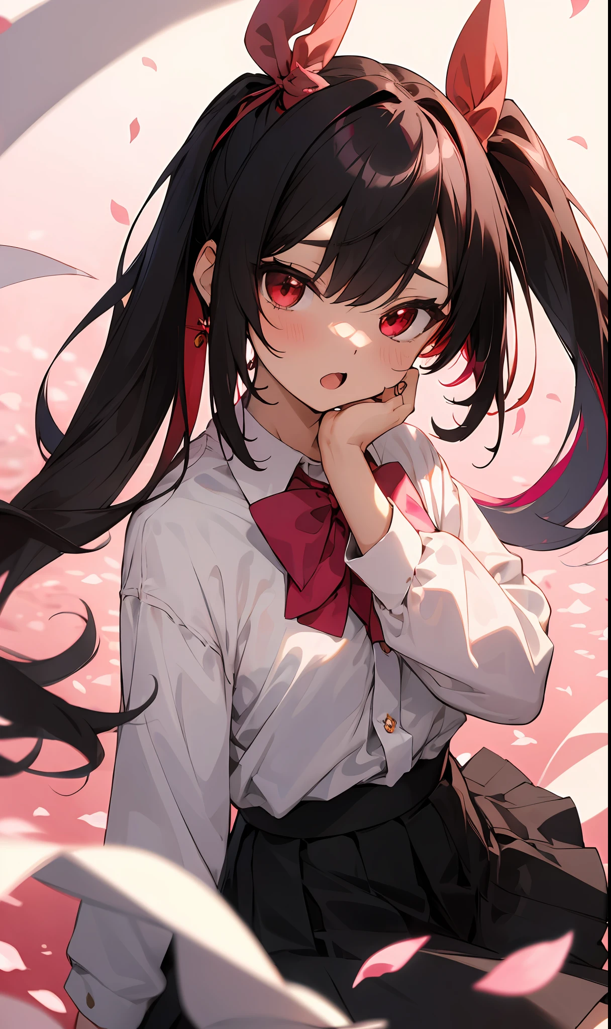 mihari, onimai, (masterpiece, best quality),a girl, solo, twintails, shirt, skirt, petals, bowtie, earrings, jewelry, bangs, black hair, hair ornament, hair ribbon, red ribbon, red eyes, long hair, open mouth, white shirt, multicolored hair, black skirt, red hair, long sleeves, pink bowtie, hair between eyes, looking at viewer, collared shirt, upper body, hand up, falling petals, depth of field, strong bloom, red background