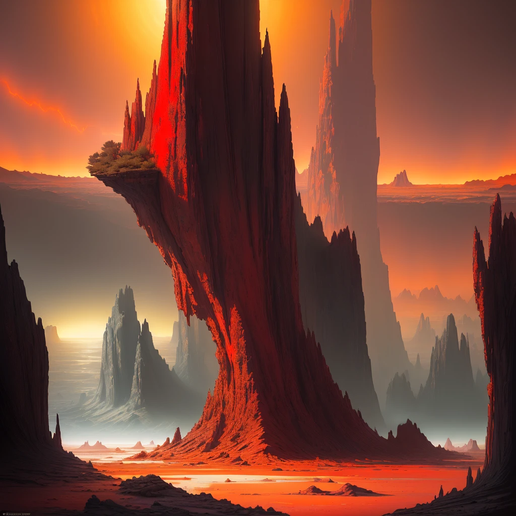 CosmicLandscapes, ((painting of an alien landscape)), ((red lake)), ((barren planet)), ((thin atmosphere)), ((alien plants)), ((city)), rocks, chiaroscuro, beautifully lit, cinematic lighting, dramatic lighting, natural lighting, naturalism, (golden ratio), detailed, 8K, by Bruce Pennington, Danny Flynn