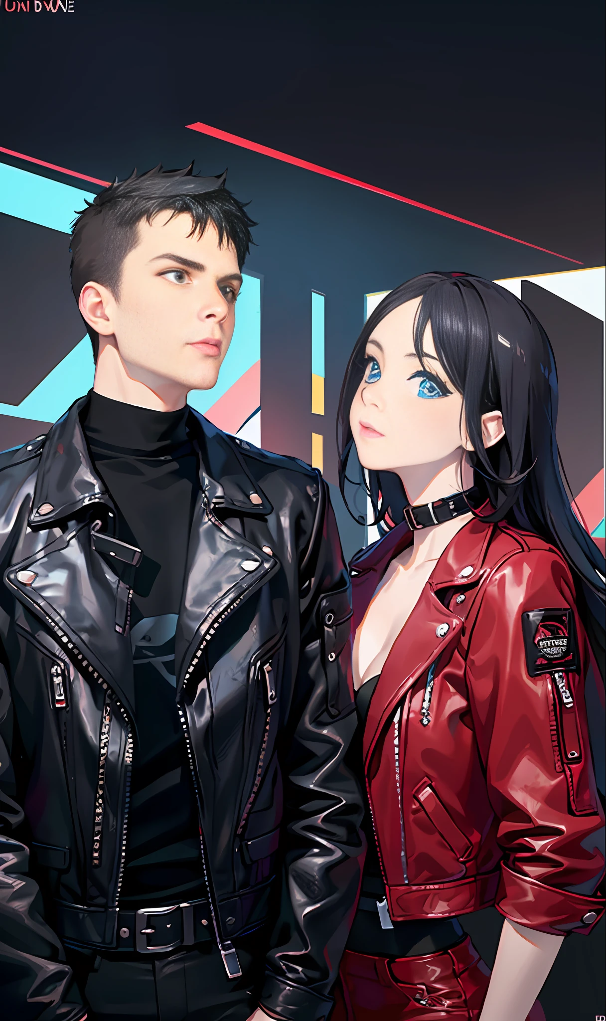 Poster, two people, a boy and a girl, party duo shining picture, dual character image, rebellious, black, leather jacket, colorful, artdeco, ((ultra-wide angle lens)), tone mapping, dramatic lighting, (8k resolution), 8k, 8kres, masterpiece, best quality, high quality --v6