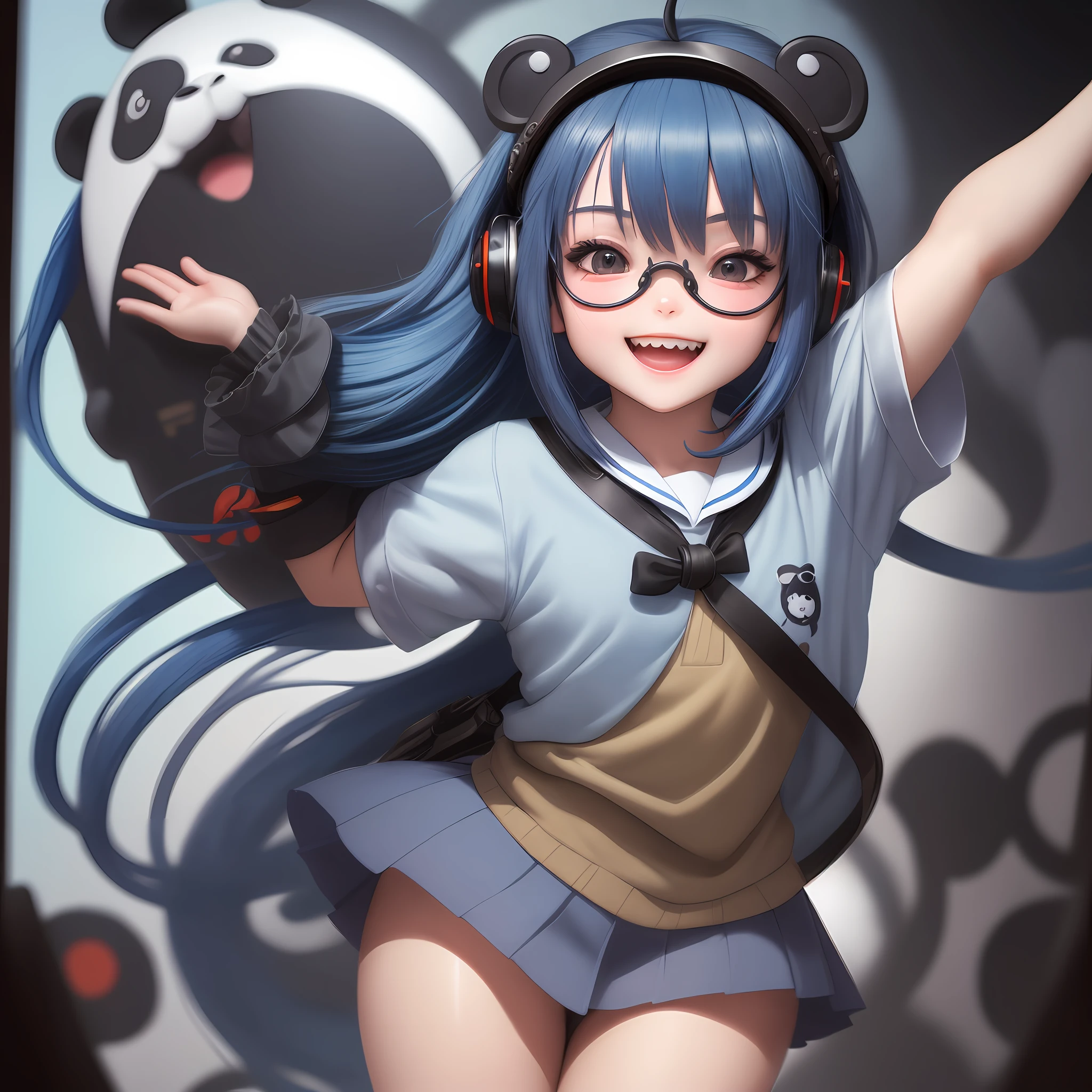 Single little girl, school uniform, blue hair, dark blue hair, ahog, ji cut, long hair, hair, blindfold, horn, hair pod, goggles, panda ears, open mouth, grin, nosebleed, verbal invitation, character graph, movement graph, negative space, three-sided view, multi-view, rococo style, blind box toy style, pixar, 8k, best quality, award-winning, high resolution, high quality, textured skin, masterpiece