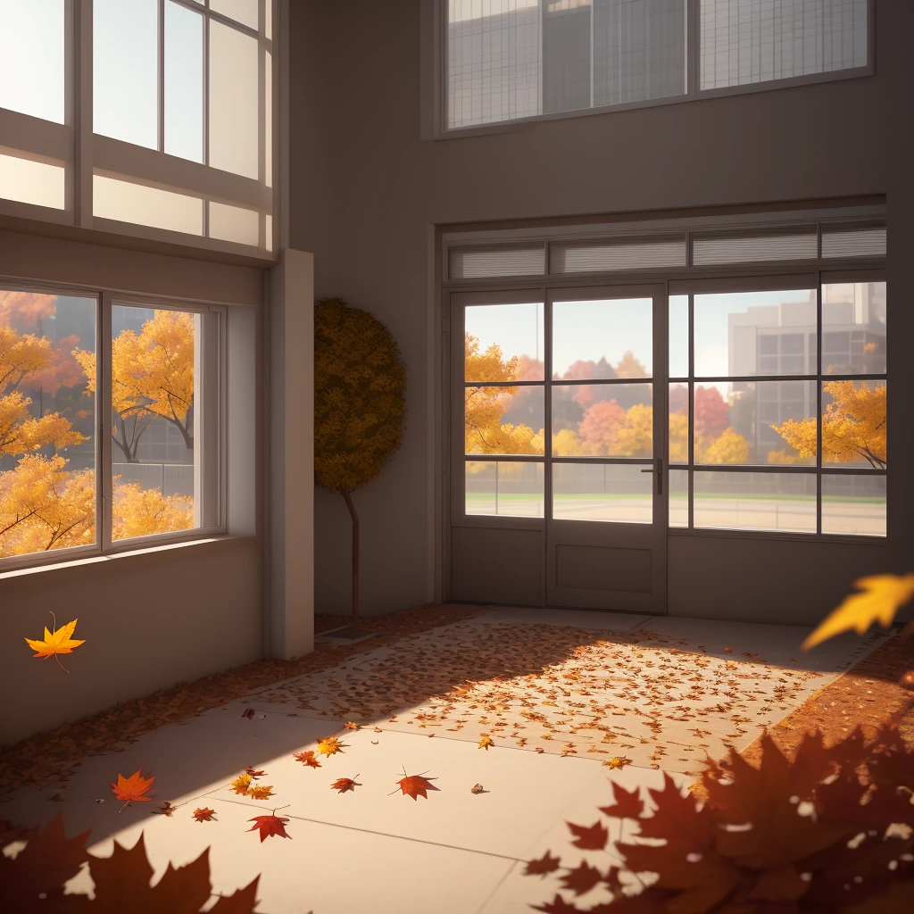 A school, next to autumn leaves on the ground, aesthetic, octane rendering, ray tracing, super detailed