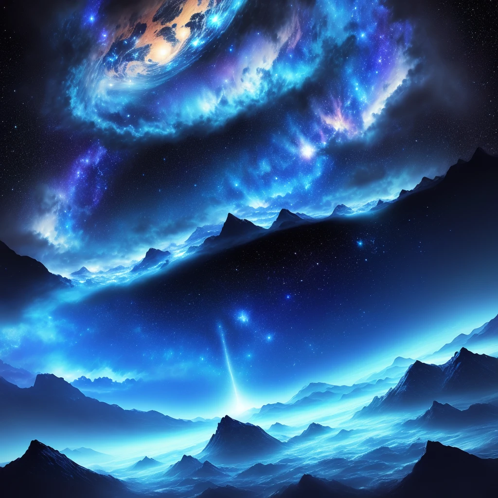 Cosmic landscape, blue galaxy, blue star, blue planet, blue glowing cloud,