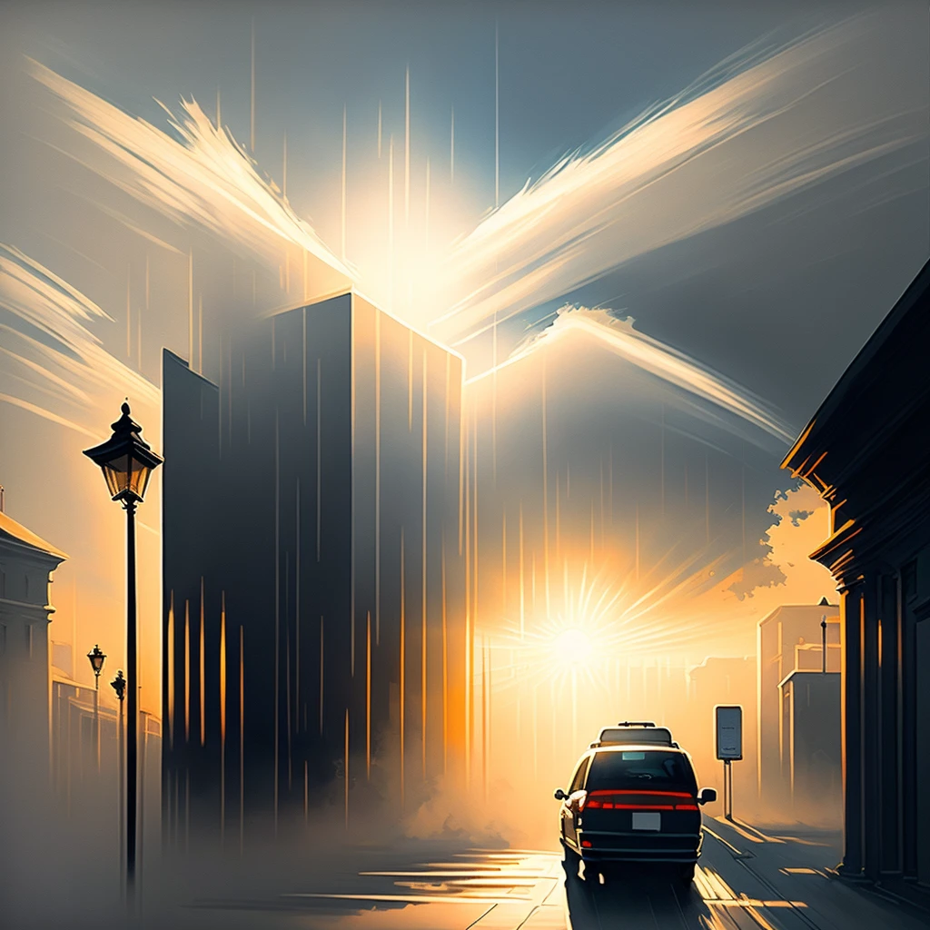 modern art painting,bold brushstrokes,fog,street view,sunbeams,backlight
