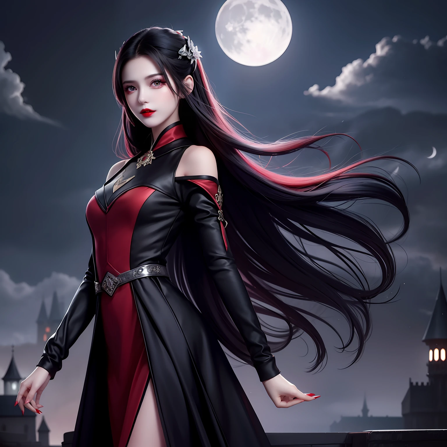 Agent of Night
long black perfect straight hair, red lips, small fangs, long nails, dark purple dress, dark lighting, moonlight radiation, dark clouds, old castle background