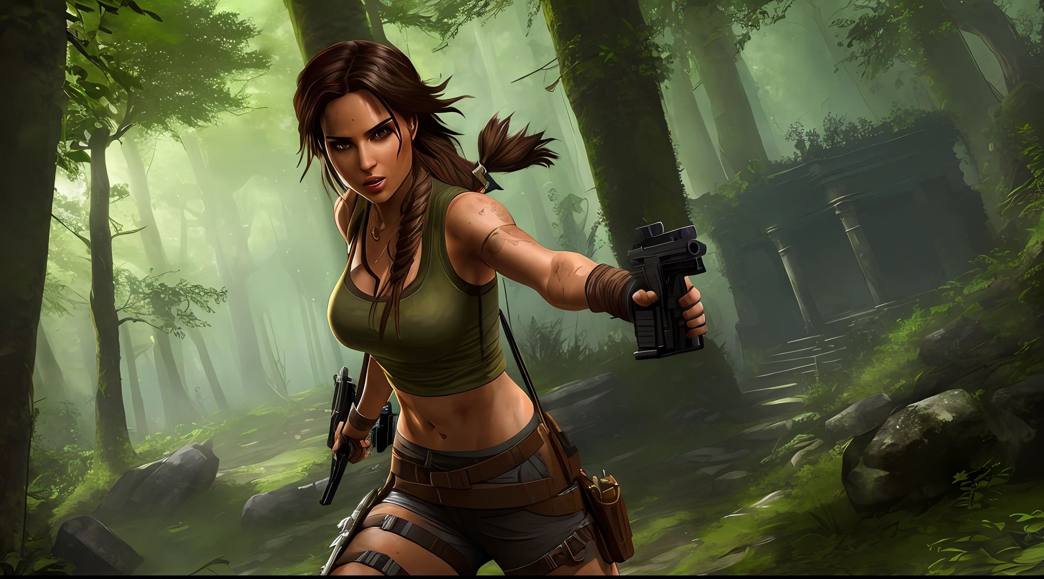 Tomb Raider Lara Croft, Firing her Pistols, Action Shot, Lush Forest Background with ruins, Unreal Engine, Cinematic, Intricate Details