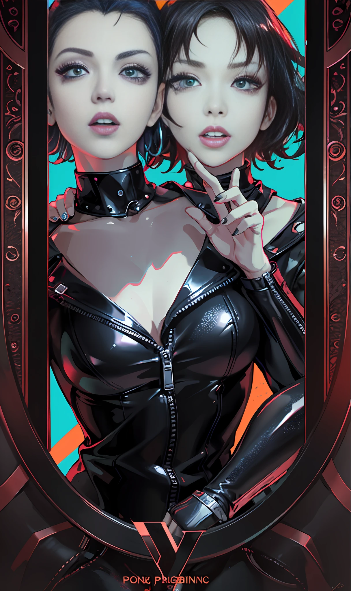 Poster, Two People, Party Duo Shining Picture, Dual Character Image, Rebellious, Black, Leather, Colorful, Artdeco, ((Ultra Wide Lens)), Tone Mapping, Dramatic Lighting, (8K Resolution), 8K, 8Kres, Masterpiece, Best Quality, High Quality --v6