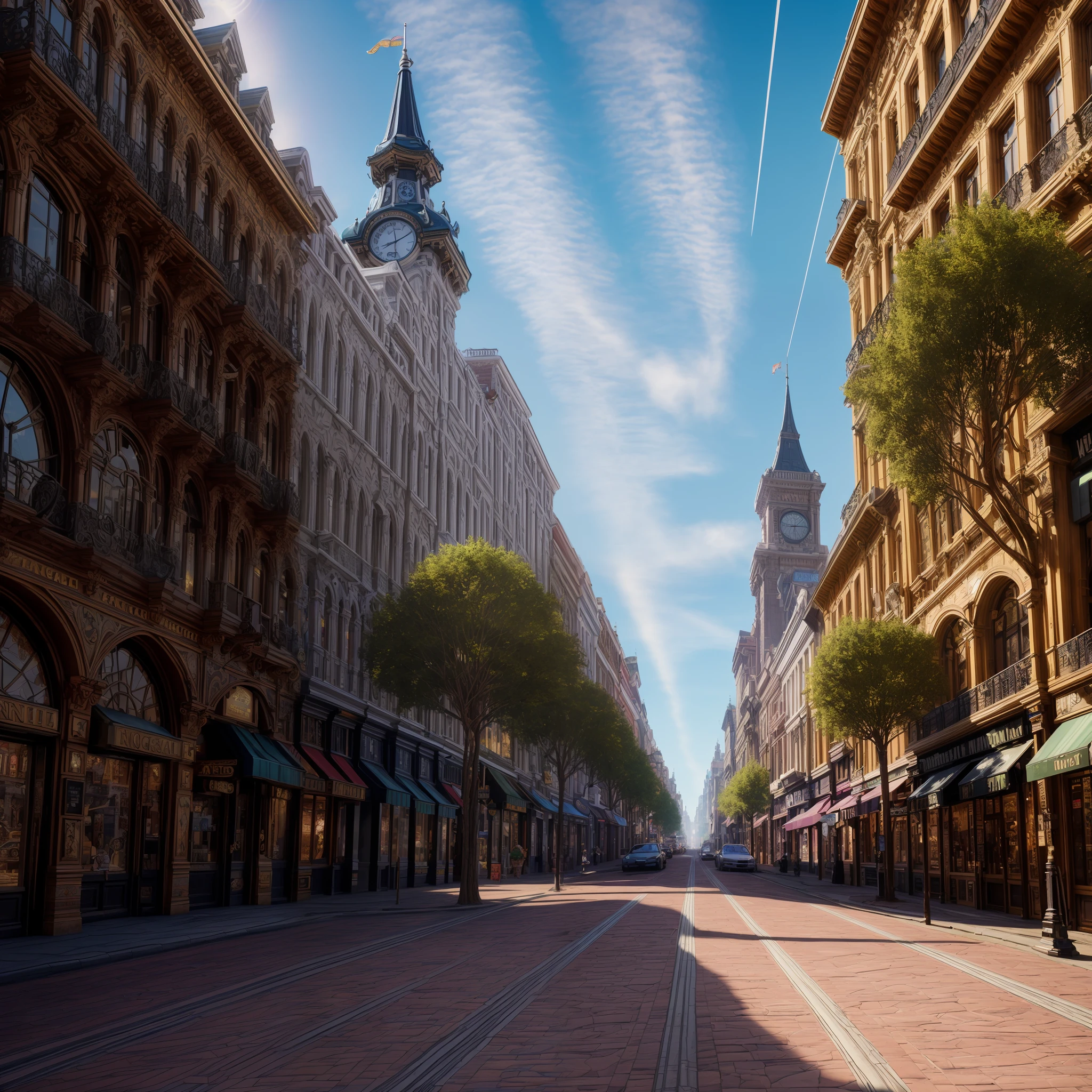 professional detailed photo, ultra detailed world, ultra maximalism, central street of large town, bright daylight, ultra detailed, intricate details, insane details, Hasselblad, masterpiece, ultra detailed world, world full of details,