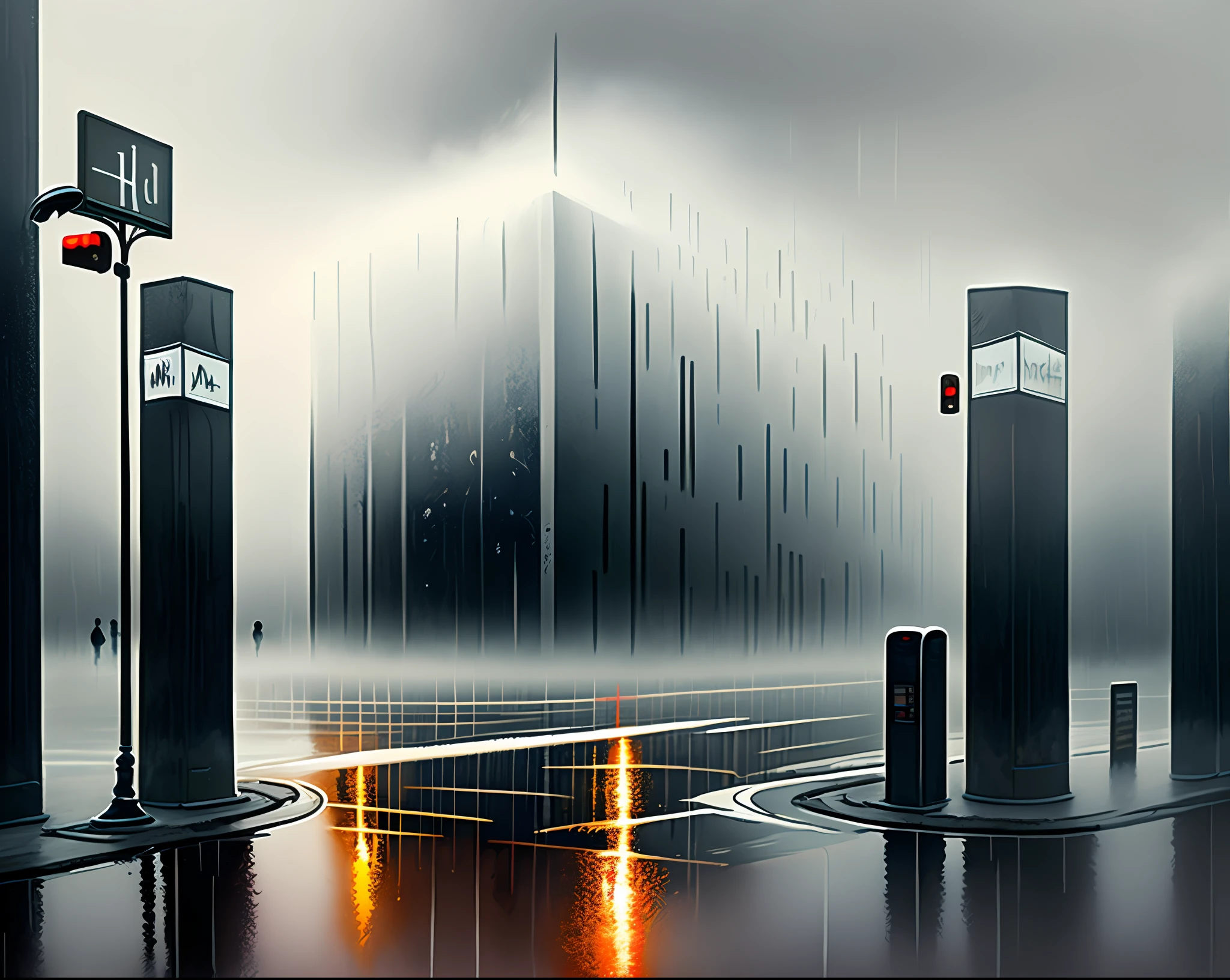 modern art painting,bold brushstrokes,fog,street view,rain,backlight