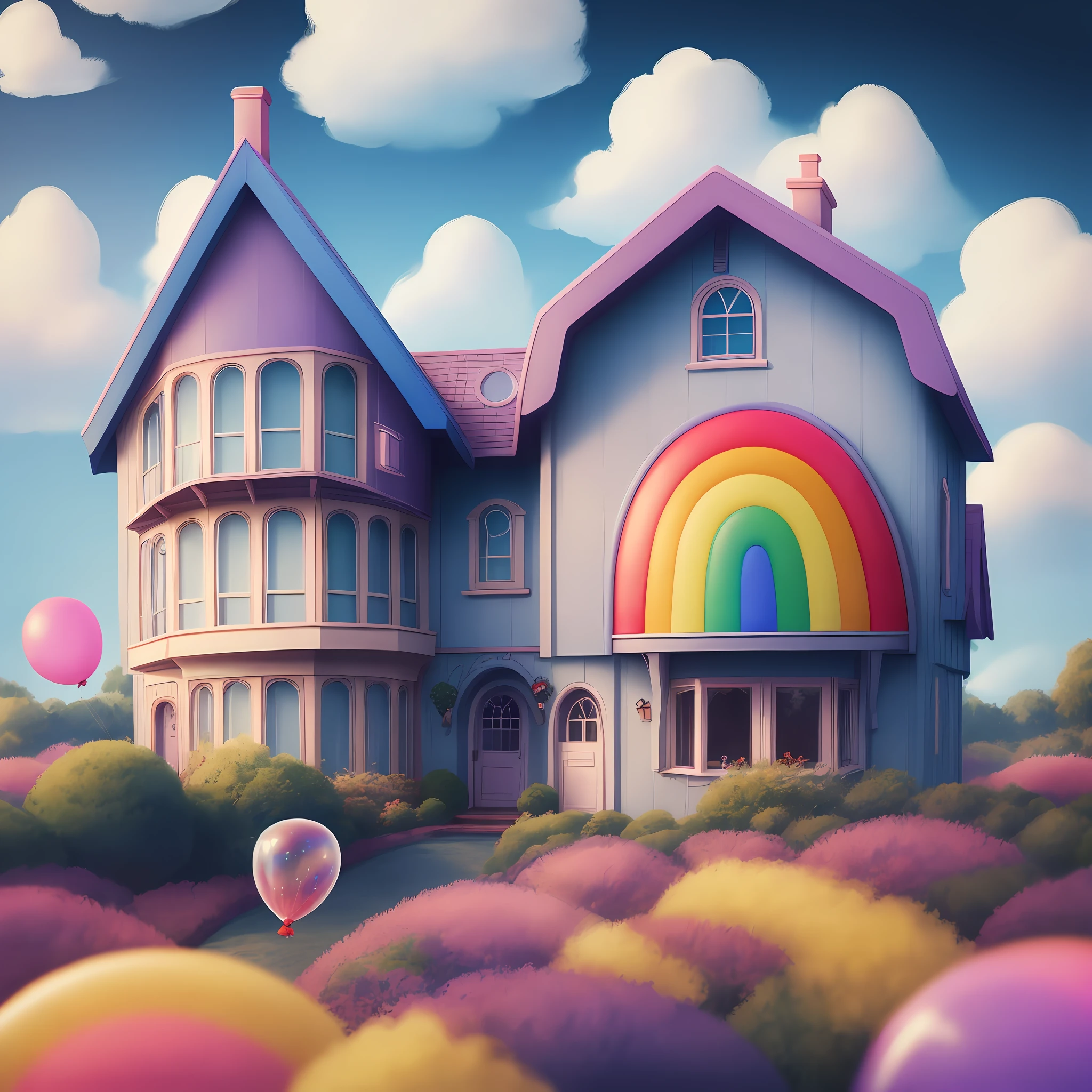 Rainbow House, Dreamy, Cute Little Girl, Balloon, Innocent, Warm, Cure, Disney, Dreamy, Detailed, High Quality, 9K