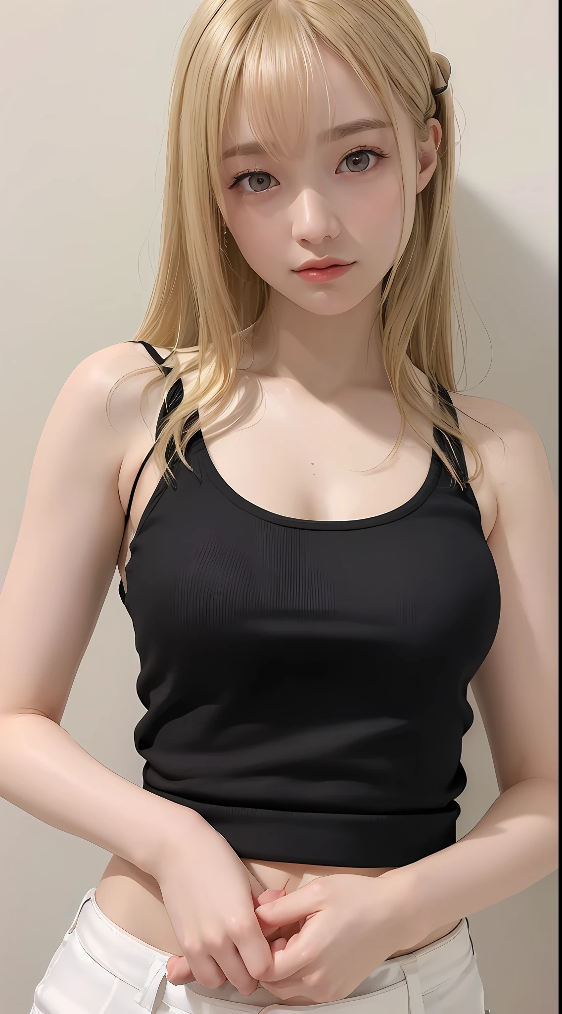 ((Best Quality, 8K, Masterpiece: 1.3)), Full Body, Focus Clear: 1.2, Outstanding Beauty: 1.4, Slender Abs: 1.2, ((Blonde, Big: 1.2)), Black Tank Top, Highly Detailed Face and Skin Texture, Detailed Eyes, Double Eyelids
