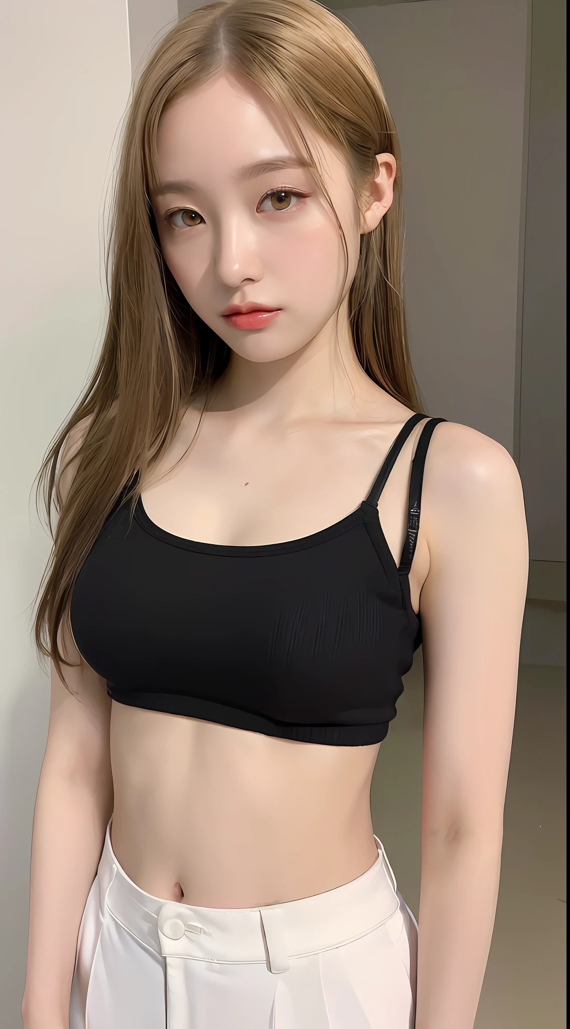 ((Best Quality, 8K, Masterpiece: 1.3)), Full Body, Focus Clear: 1.2, Outstanding Beauty: 1.4, Slender Abs: 1.2, ((Blonde, Big: 1.2)), Black Tank Top, Highly Detailed Face and Skin Texture, Detailed Eyes, Double Eyelids