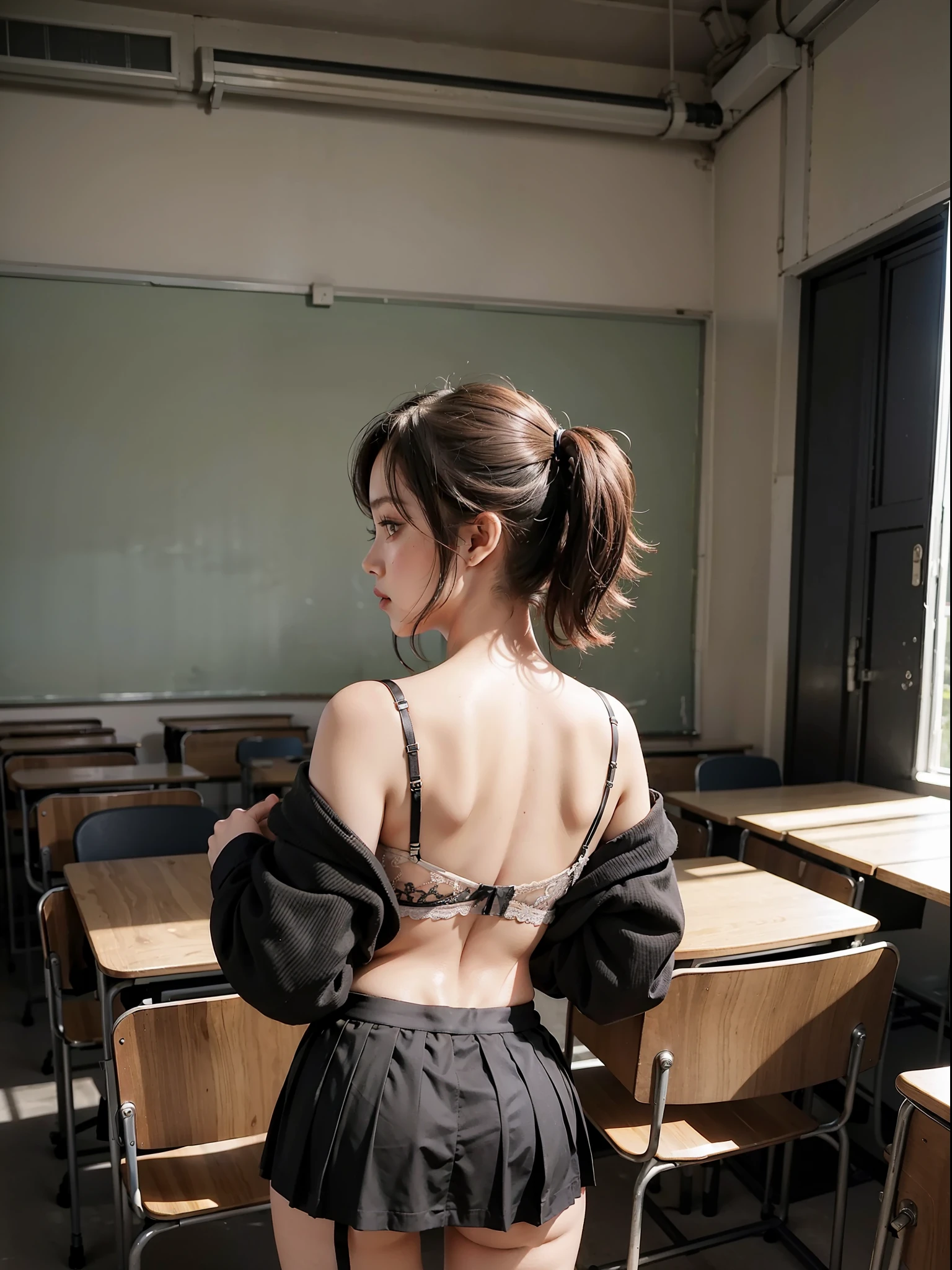 ((Back view of a beautiful girl)), wearing ((sexy lingerie)) under her ((off-shoulder schoolgirl uniform)) with a ((short miniskirt)). She is posing in the ((empty classroom)) all by herself. loose bra straps