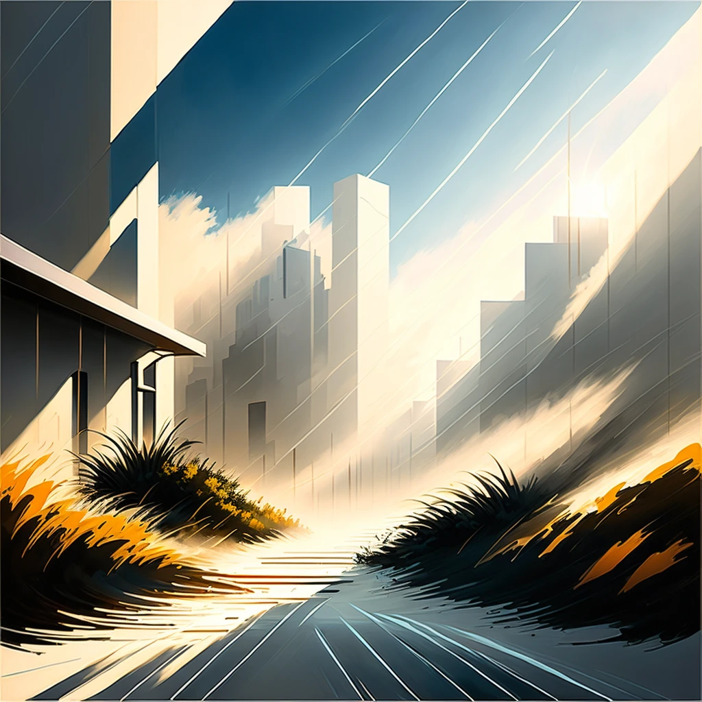 modern art painting,bold brushstrokes,fog,street view,sunbeams,perfect composition,masterpiece