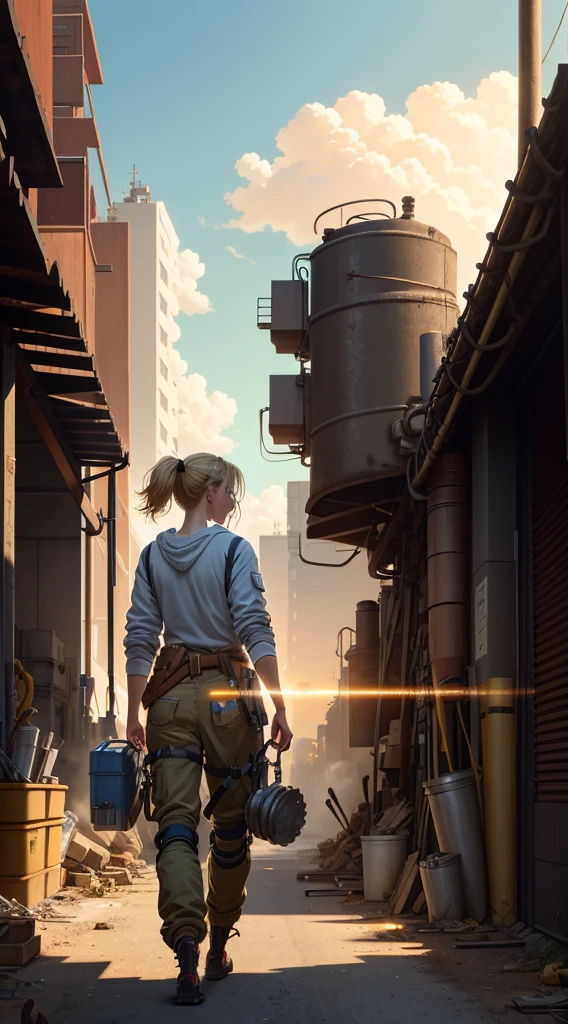 masterpiece, best quality, ultra-detailed, illustration, beautiful girl, large perky tits, topless, baggy pants, working, heavy duty, mechanic, robot, workshop, oil, tools, wrench, socket, messy, dirty, stained, (sweating), danger, dystopian, lonely, focused, blonde hair, yellow trousers, garage, welding, mech, giant robot, dog, cloudy, facing away, muscular, oil smeared on skin, tool belt, on ladder welding overhead, pierced nipple, wide shot, far away, 150mm, farmer's tan, solo, 1girl, ladder, climbing, work, candid, reaching, welding torch, hose, gas cylinders, wrenching, situation, hot, looking up, facing away, future, sci-fi, cyberpunk, outrun, bikini, robot arm, augment, cyborg, alone, inspecting, looking, space ship mechanic, space ship, fighter, jet, metal, silver, chrome, shiny, detailed backgroud, flexing, tired, exhausted, late night, long day, overtime, long shift, crawler, machinery, machine, draining, maintenance, hammer, prybar, repair, giant robot, gantry, warehouse, crane, chains, cables, wires, harness, rollup door, concrete, windows, prosthetic arm, mechanical arm, prosthetic legs, running blades, fake legs, robot legs, on one knee, exoskeleton, frame, jumpsuit sleeves wrapped around waist,