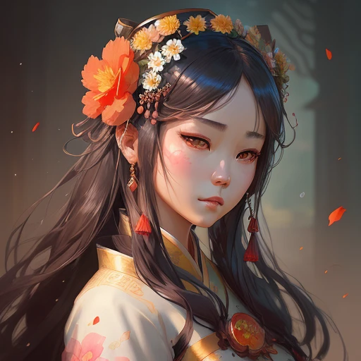 a woman with a flower crown on her head and a flower in her hair, digital art by Fan Qi, trending on cg society, fantasy art, artwork in the style of guweiz, realistic. cheng yi, guweiz, beautiful digital artwork, chinese girl, beautiful character painting, detailed face of a asian girl, traditional chinese, chinese style, exquisite digital illustration