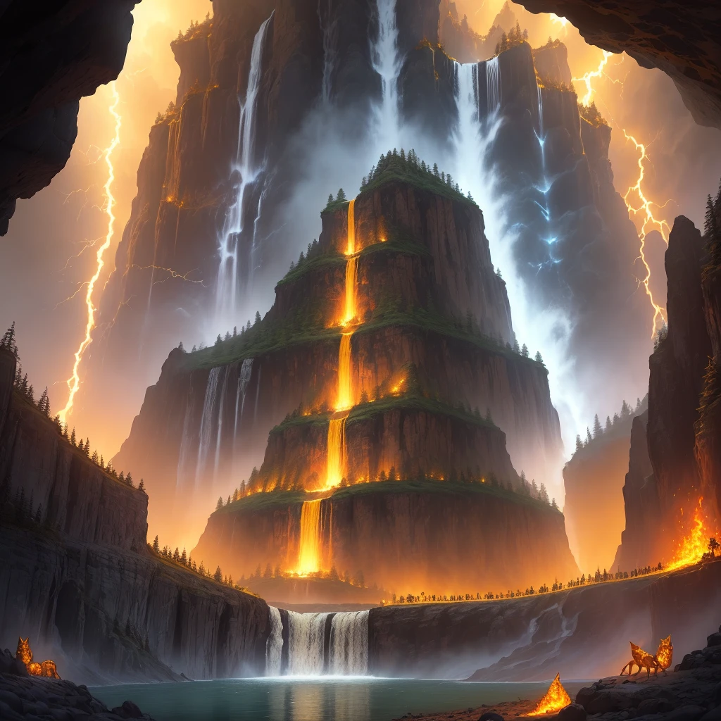 Magnificent colony of skull ants with golden statue of wolves on each side, with waterfall and lava waterfall, in a cloudy setting, lightning, fire