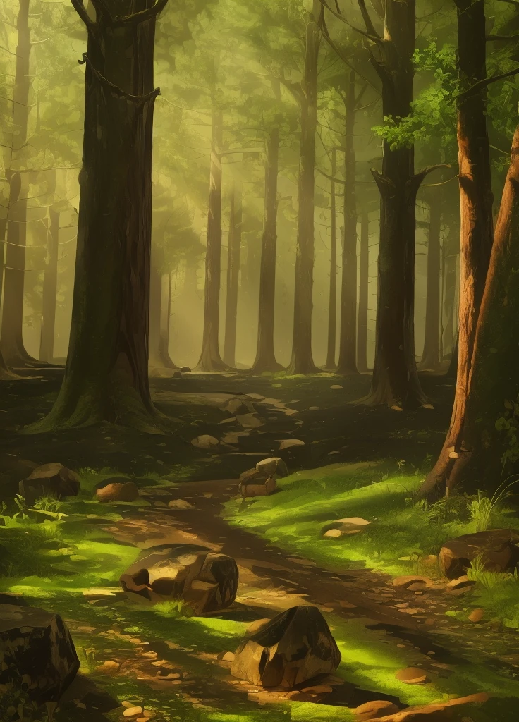 there is a dirt path in the middle of a forest, fantasy forest environment, environment painting, forest environment, forest path, fantasy forest landscape at day, inspired by senior environment artist, forest landscape, highly detailed environment, fantasy forest landscape, vast forest, cinematic forest lighting, environment art, detailed forest, hyper-realistic environment, beautiful 3 d concept art, scene inside forest