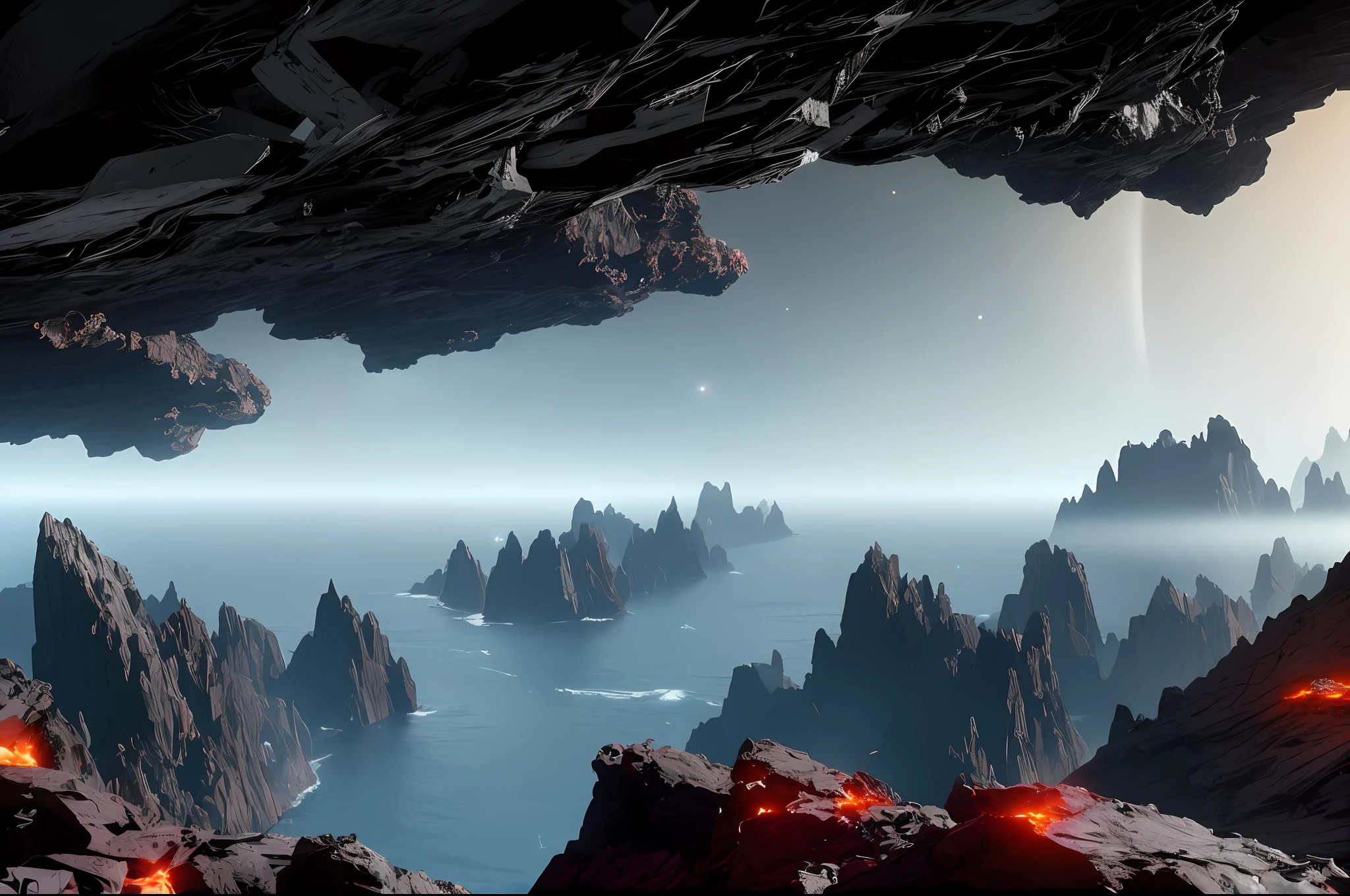 Broken Earth Bright lava light from below the asteroid field (jagged rocks, rocks and debris shot into the air: 1.3) (Windy dust debris storm: 1.1) Volumetric fog Z-ray tracing fog Pass bright light from below, (Masterpiece) (best quality) (detailed) (8K) (cinematic lighting) (sharp focus) (intricate)