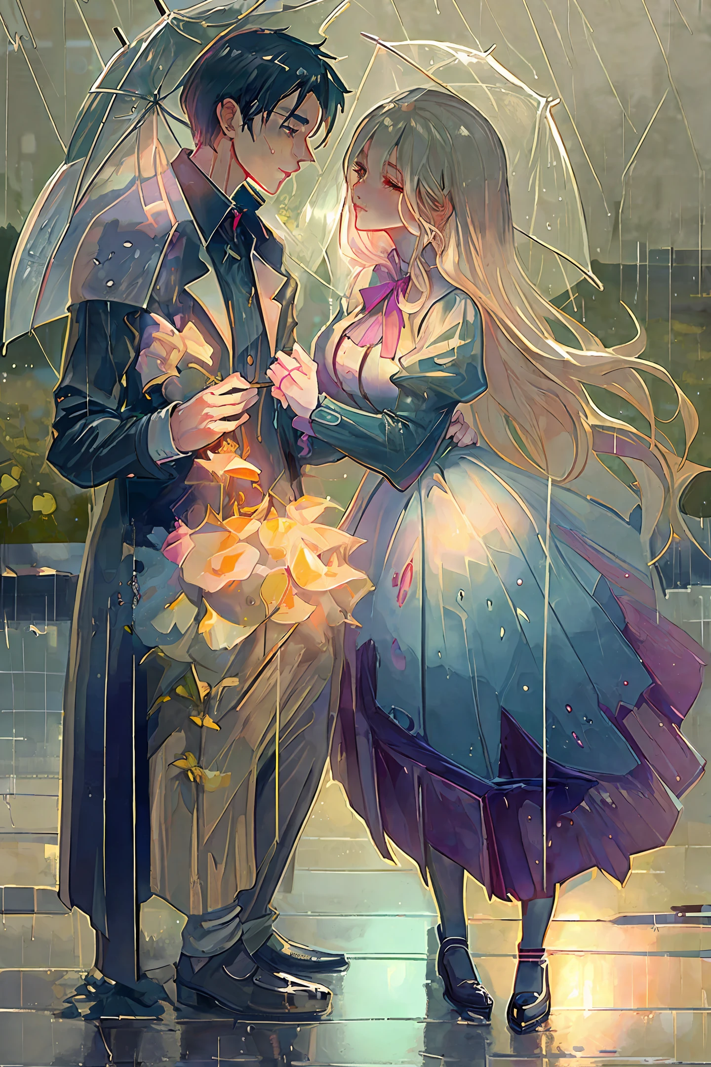 a couple kissing under an one umbrella in a field, kisses are wordless spells, pixelated rain, autumn rain turkel, knees tucked in | rain falls, on a rainy day, in the rain, kissing together cutely, trending on pintrest, standing in the rain, kissing together, rainy background, rain falling, under rain, people with umbrellas