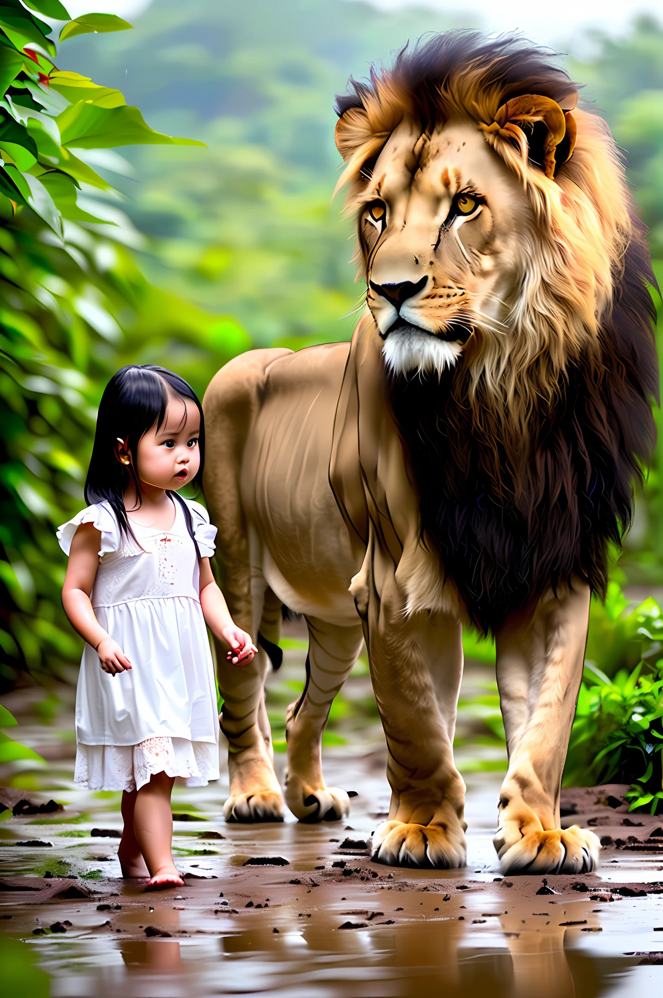 {Cute Girl}, { Lion}, Distant Pictures, Jungle Background, Details, Wet Muddy Floor, Rainy Weather, Digital Painting, Art Station, Concept Art, Breathtaking, High Detail, Very Detailed, Beautiful, Setting Shots, Hyperrealism, Unreal Engine 5, Wet White Skirt, {Walking Together}, 4legs lion,