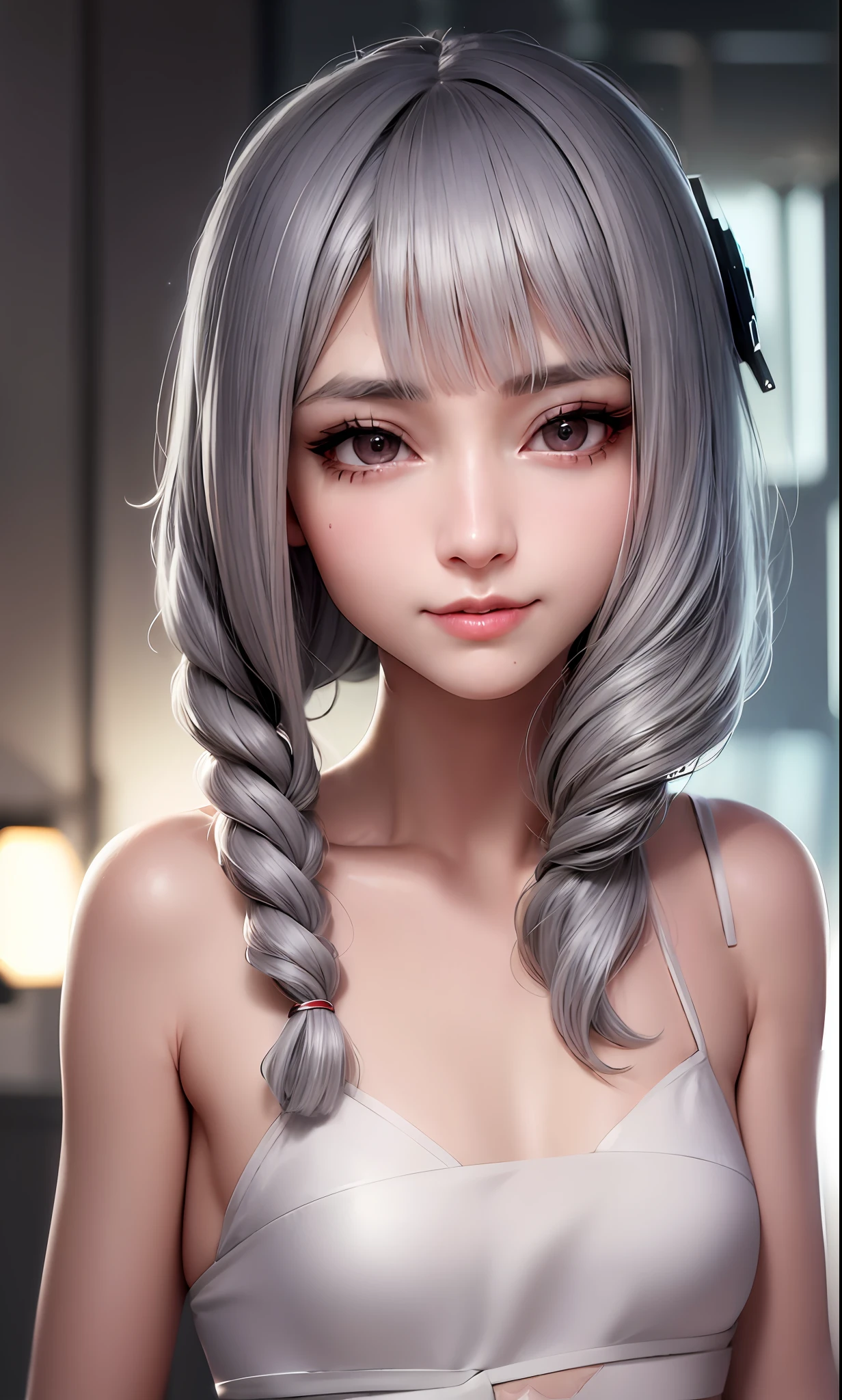 ((grey hair)), high ponytail,,heavy makeup, cute, technological sense,8k, best quality, masterpiece, illustration, an extremely delicate and beautiful, extremely detailed ,CG ,unity ,wallpaper, Amazing, finely detail, masterpiece,best quality,official art, extremely detailed CG unity 8k wallpaper,((smile)),tomboy,((Big eyes)),((perfect eyes)),highly detailed, sharp focus,rich background,li, looking at viewer, breasts, blurry background, small breasts, bangs, bare shoulders, white dress, dress, realistic, in the cyberpunk city, strong rim light, in summer,