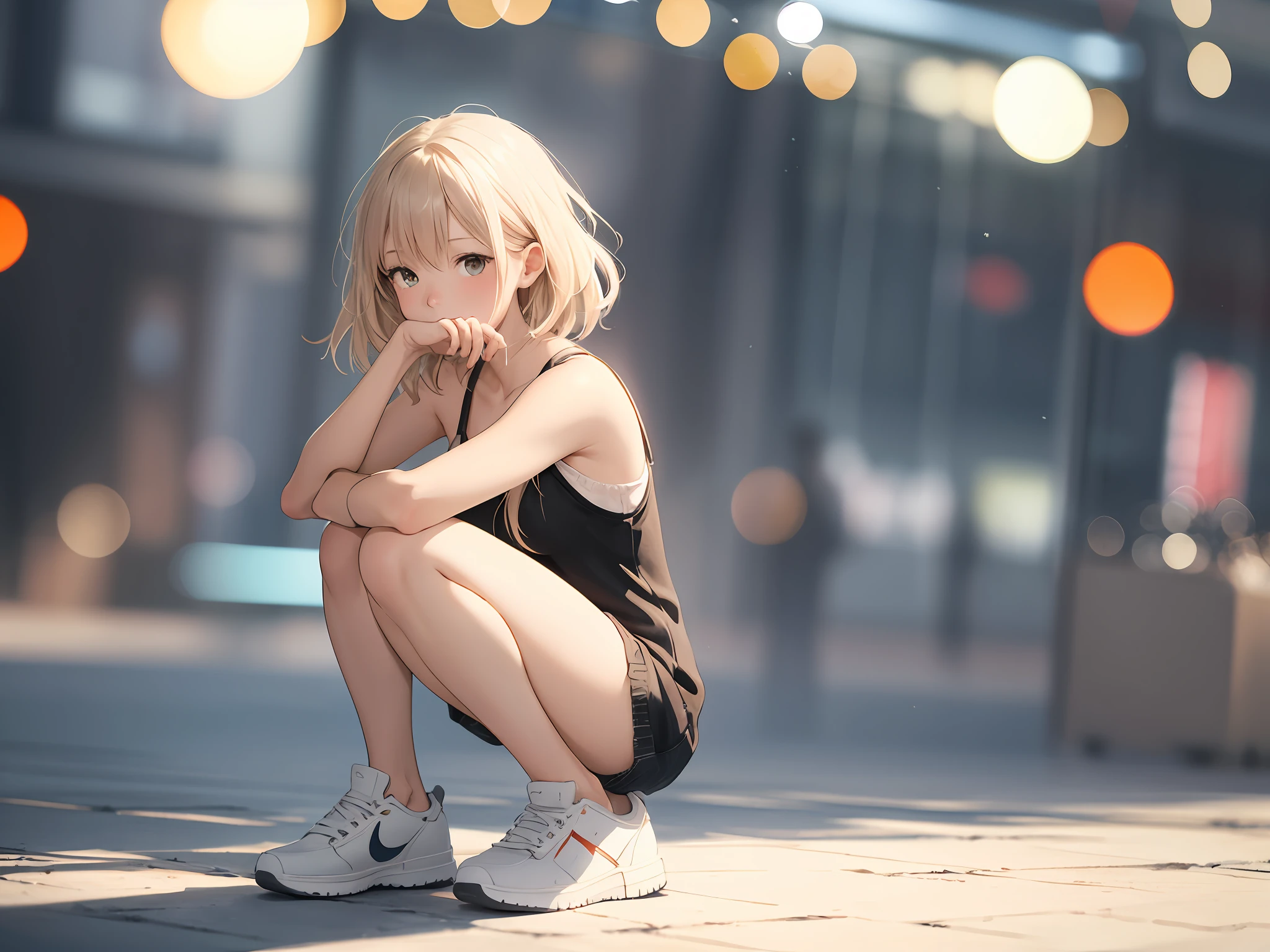 absurdres, highres, ultra detailed, (1 woman:1.3),simple background, , (sneakers:1.2), BREAK , watercolor style, soft blending, fluid colors, dreamy washes, delicate textures, organic shapes, atmospheric depth BREAK (bokeh photography:1.3), soft focus, out-of-focus highlights, dreamy ambiance, glowing circles, mesmerizing depth BREAK , tilt-shift photography, miniature effect, selective focus, blurred edges, small-scale illusion, playful perspective