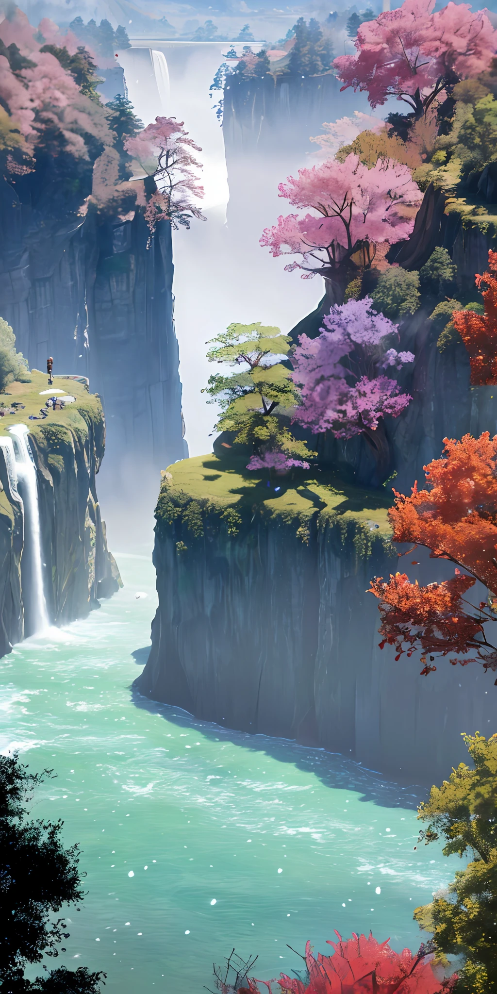 Analog style,ChromaV5,nvinkpunk,(extremely detailed CG unity 8k wallpaper),An image of a majestic river, trees on the sides, tiny waterfall, intense fog ,award winning photography, Chromatic Aberration, Detailed , HDR, Bloom, style by Monet, Pissarro, and Sisley ,trending on ArtStation, trending on CGSociety, art by midjourney
