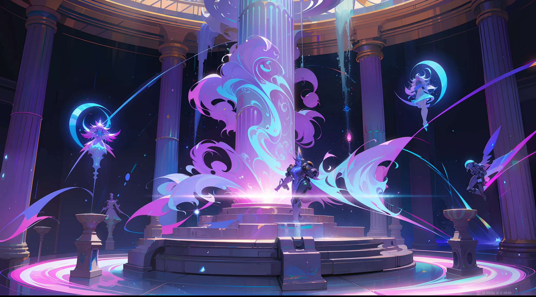 holographic fountain in the style of the show ring fantasy, Fluorescent violet and phosphor, in the style of 2d game art, cyber punk, rococo-inspired art, panel composition mastery, columns and totems, futuristic robots, spiral group