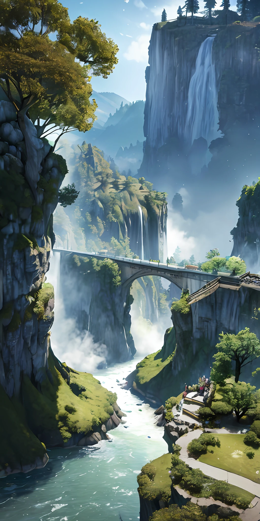 Analog style,ChromaV5,nvinkpunk,(extremely detailed CG unity 8k wallpaper),An image of a majestic river, trees on the sides, tiny waterfall, intense fog ,award winning photography, Chromatic Aberration, Detailed , HDR, Bloom, style by Monet, Pissarro, and Sisley ,trending on ArtStation, trending on CGSociety, art by midjourney