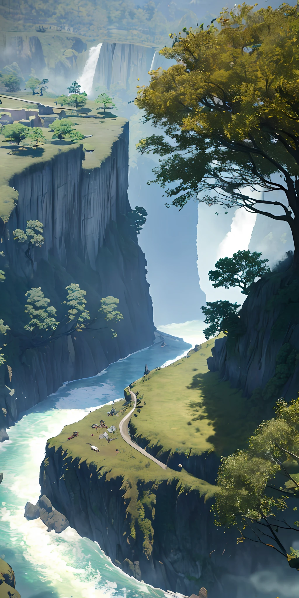 Analog style,ChromaV5,nvinkpunk,(extremely detailed CG unity 8k wallpaper),An image of a majestic river, trees on the sides, tiny waterfall, intense fog ,award winning photography, Chromatic Aberration, Detailed , HDR, Bloom, style by Monet, Pissarro, and Sisley ,trending on ArtStation, trending on CGSociety, art by midjourney