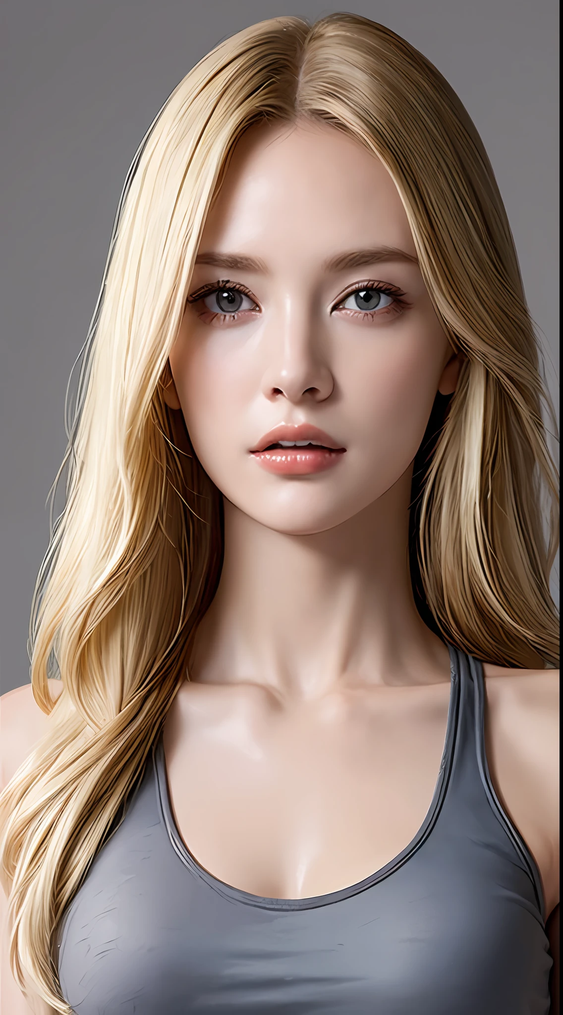 ((Best Quality, 8K, Masterpiece: 1.3)), Full Body, Focus Clear: 1.2, Outstanding Beauty: 1.4, Slender Abs: 1.2, ((Blonde, Big: 1.2)), Black Tank Top, Highly Detailed Face and Skin Texture, Detailed Eyes, Double Eyelids