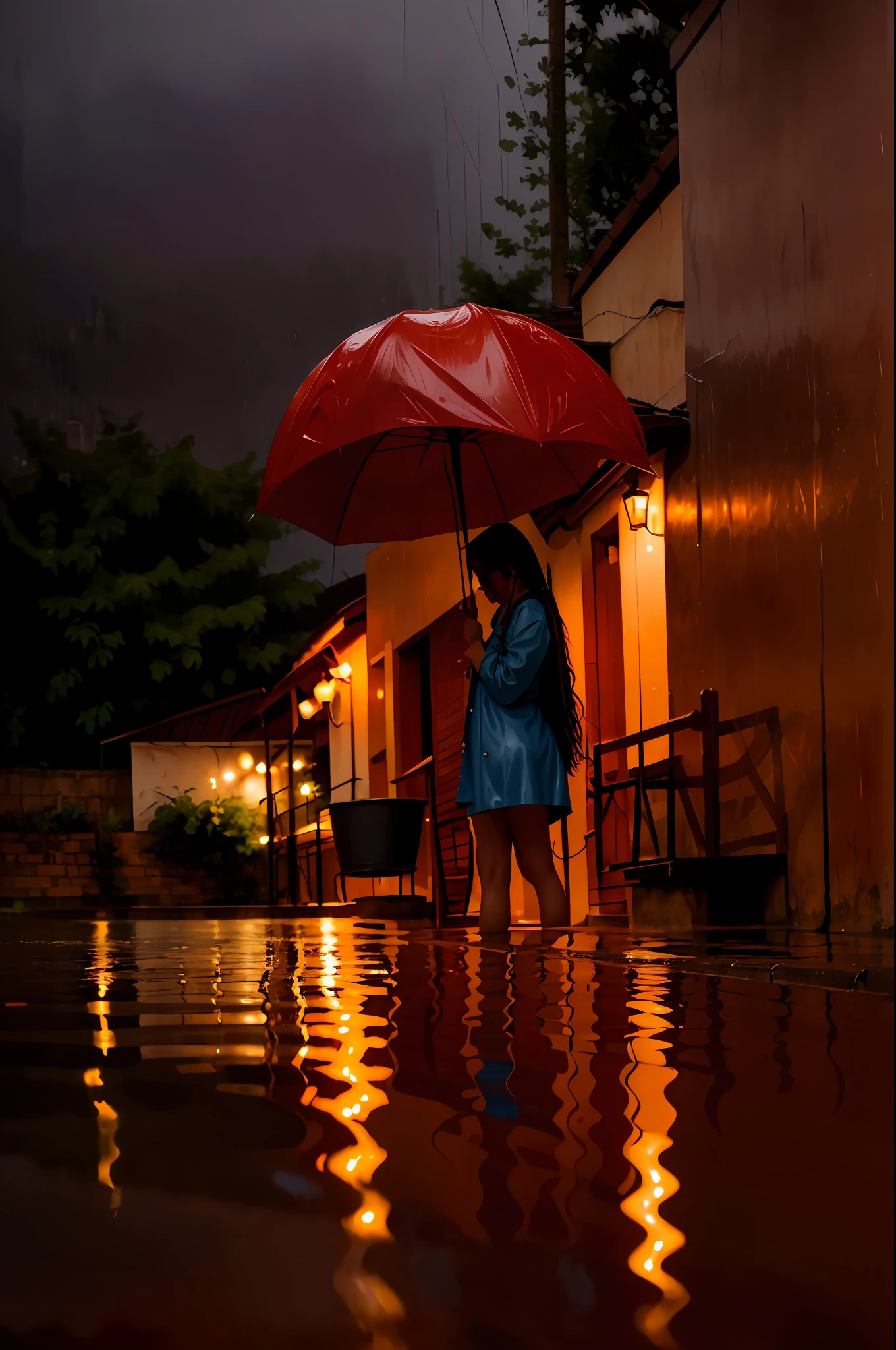 The girl is wet in the rain, a very beautiful girl, it is raining heavily