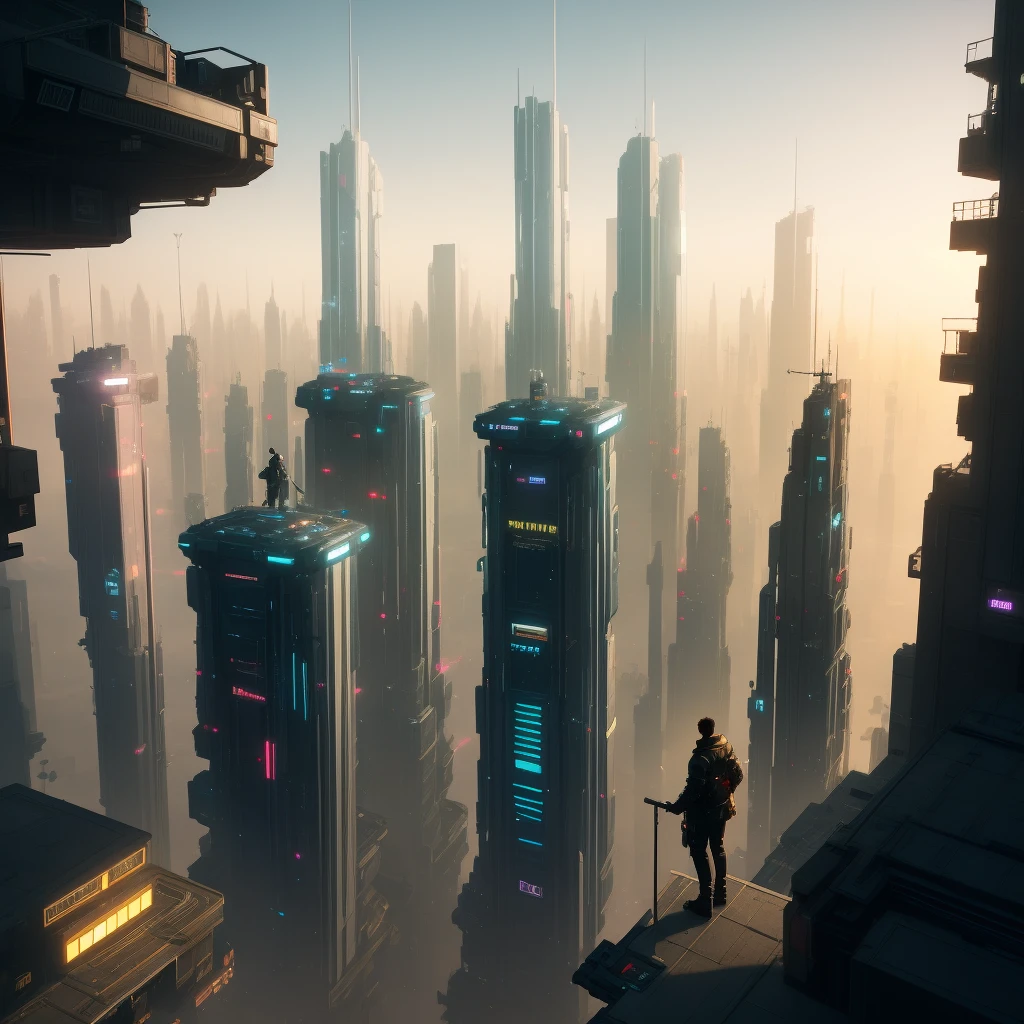 there is a man standing on a ledge looking down at a city, cyberpunk art inspired by Craig Mullins, cgsociety contest winner, digital art, 3 d render beeple, cinematic beeple, bastien grivet, style hybrid mix of beeple, aerial view of a cyberpunk city, beeple. octane render, walking on top of a tiny city