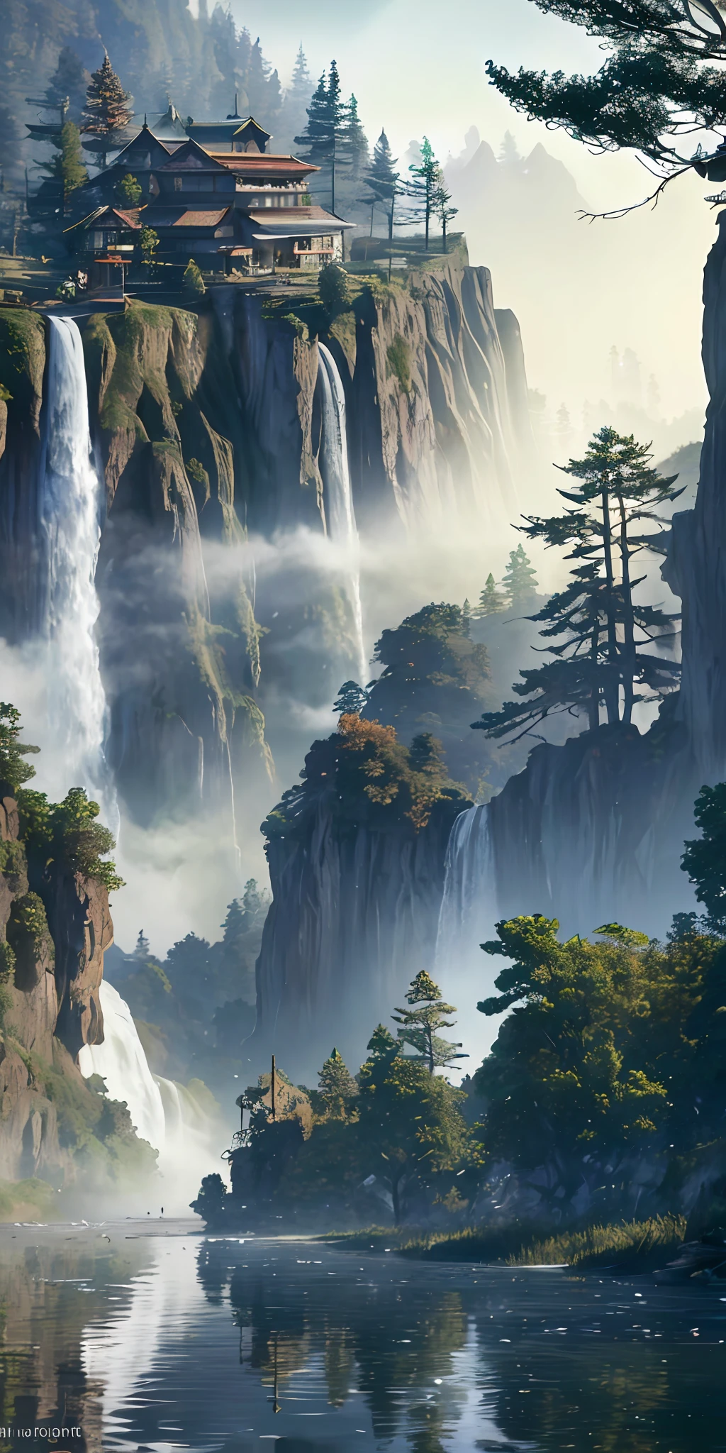 Analog style,ChromaV5,nvinkpunk,(extremely detailed CG unity 8k wallpaper),An image of a majestic river, trees on the sides, tiny waterfall, intense fog ,award winning photography, Chromatic Aberration, Detailed , HDR, Bloom, style by Monet, Pissarro, and Sisley ,trending on ArtStation, trending on CGSociety, art by midjourney